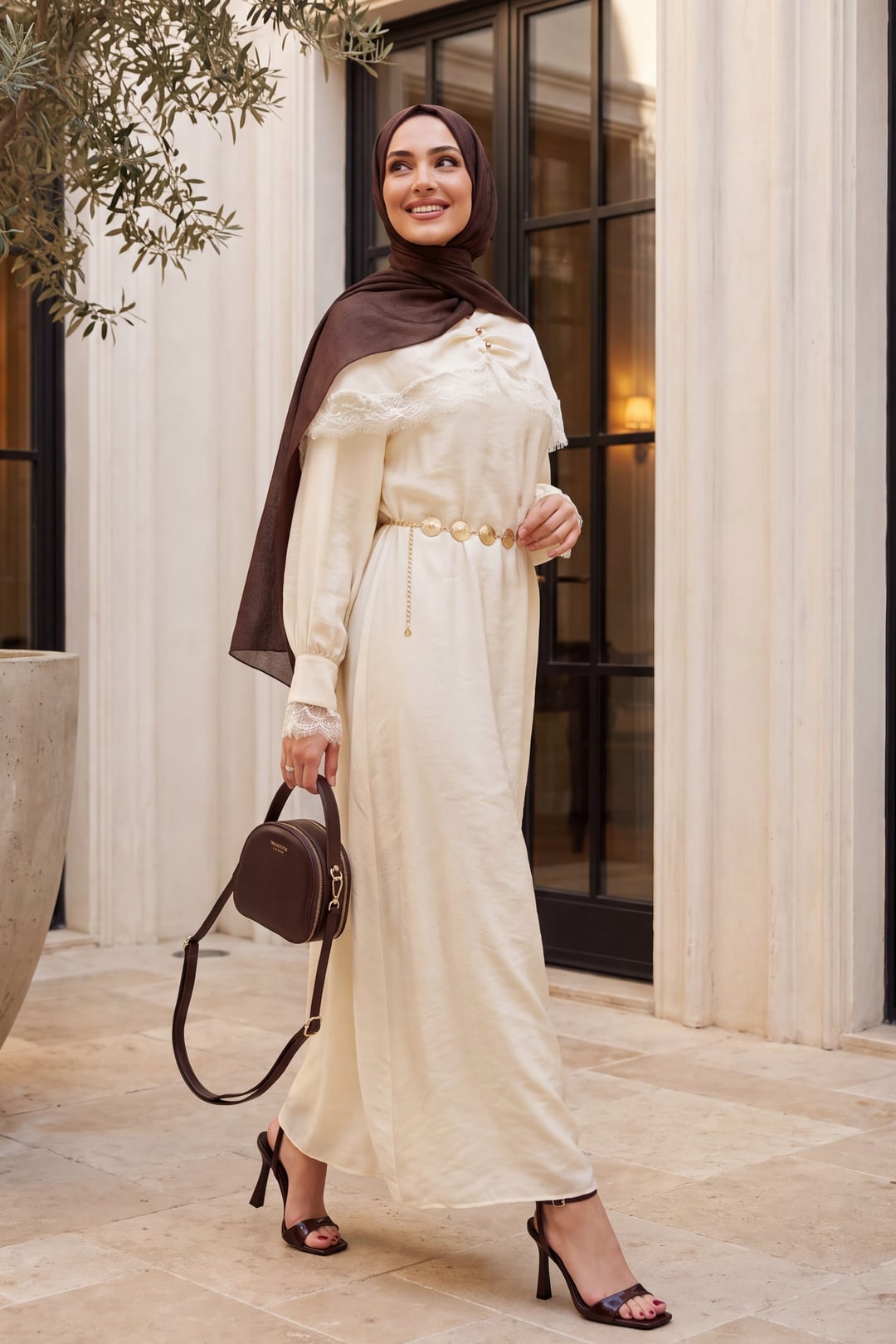 Lace Detail Cape Belted Lined Imported Ibiza Dress - Beige - Podyumplus - by Peralane - photo 2