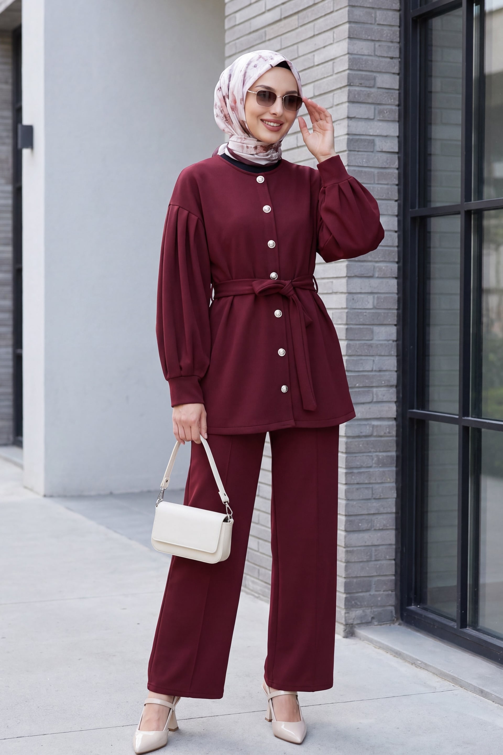 Women's Belted Scuba Two-Piece Set with Buttoned Top and Wide-Leg Pants - Burgundy - Podyumplus - by Peralane - photo 3