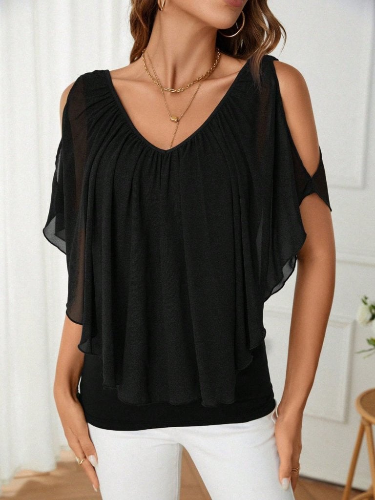 Women's Sheer Short Sleeve V-Neck Cold-Shoulder Ruffled Blouse in Black - Janes - by Peralane - photo 11
