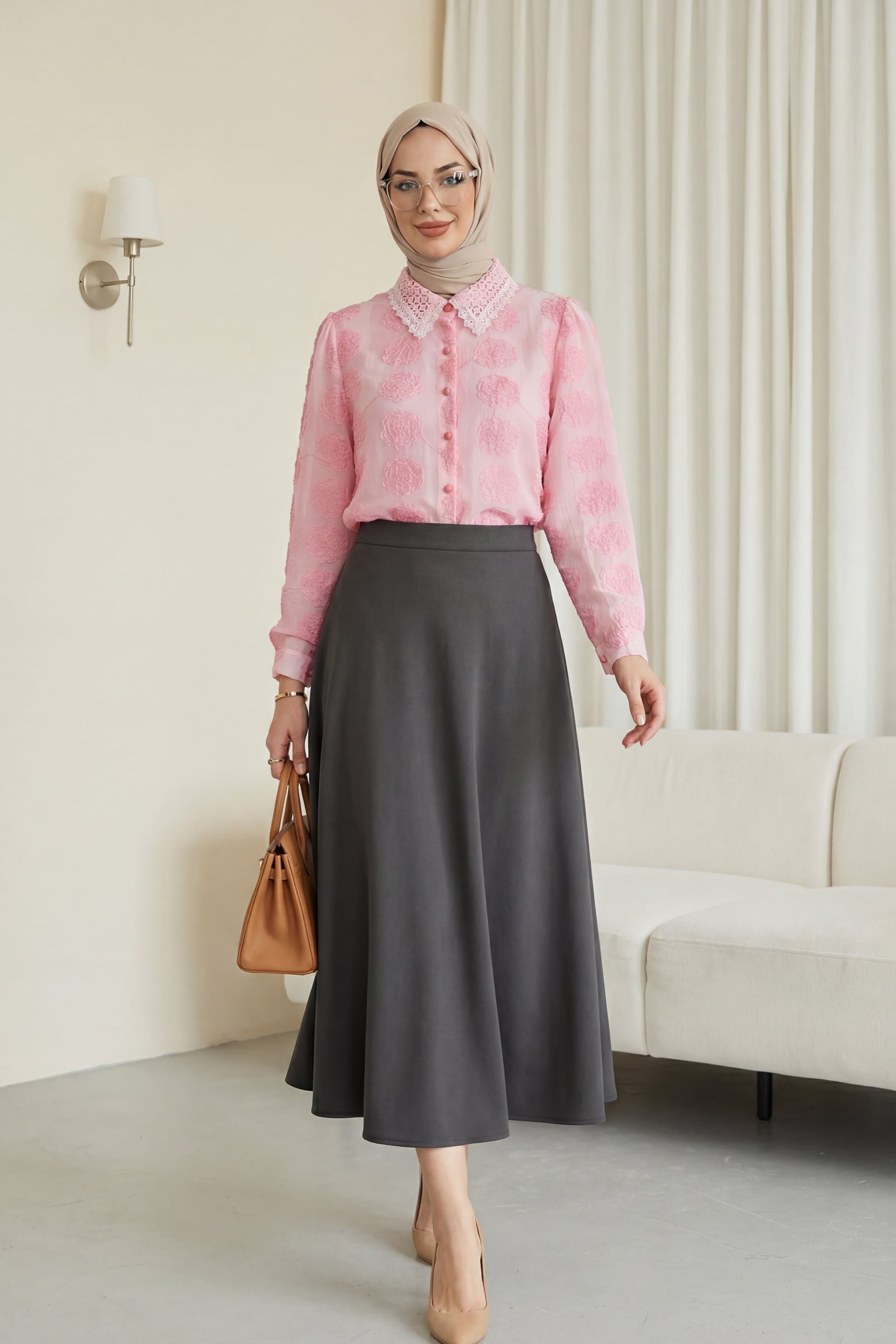 Women's Pink Floral Jacquard Blouse with Lace Collar - Podyumplus - by Peralane - photo 3