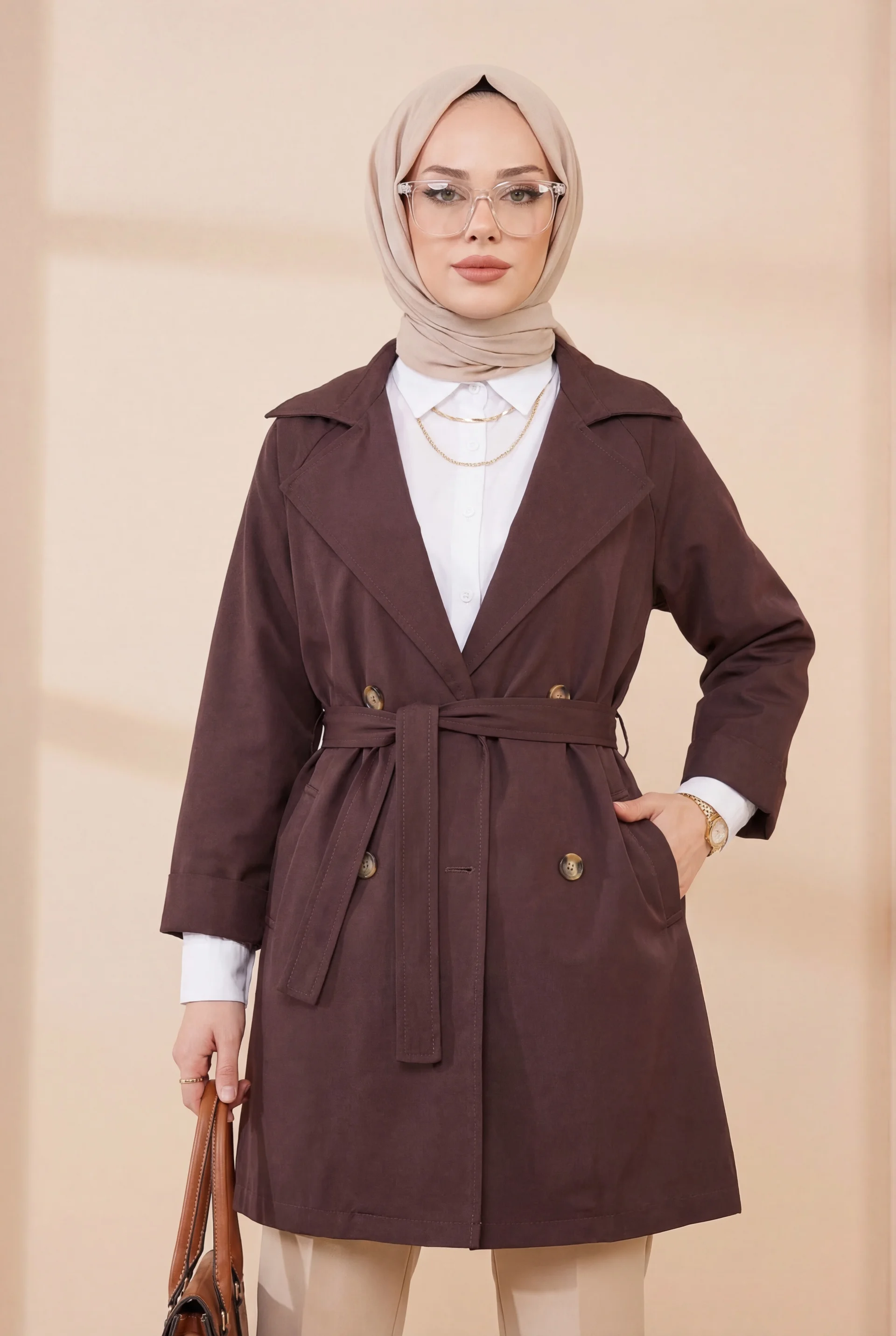 Bolero Detail Buttoned Mid-Length Trench Coat - Dark Brown - Podyumplus - by Peralane