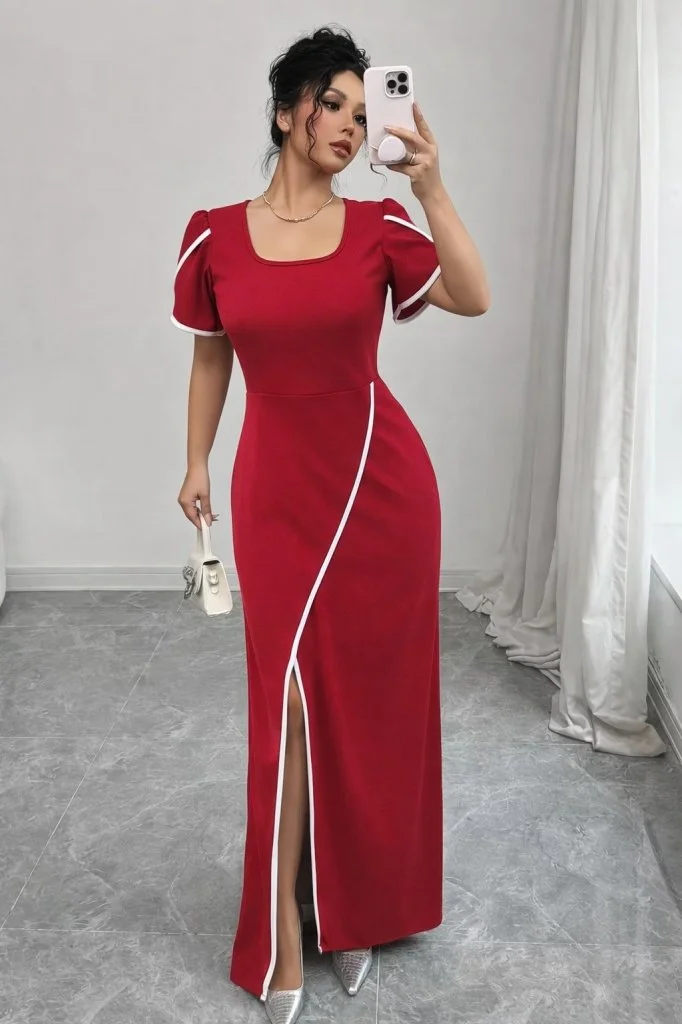 Women's Red Square Neck Short Sleeve Crepe Maxi Dress with Diagonal Seam Detail - Janes - by Peralane