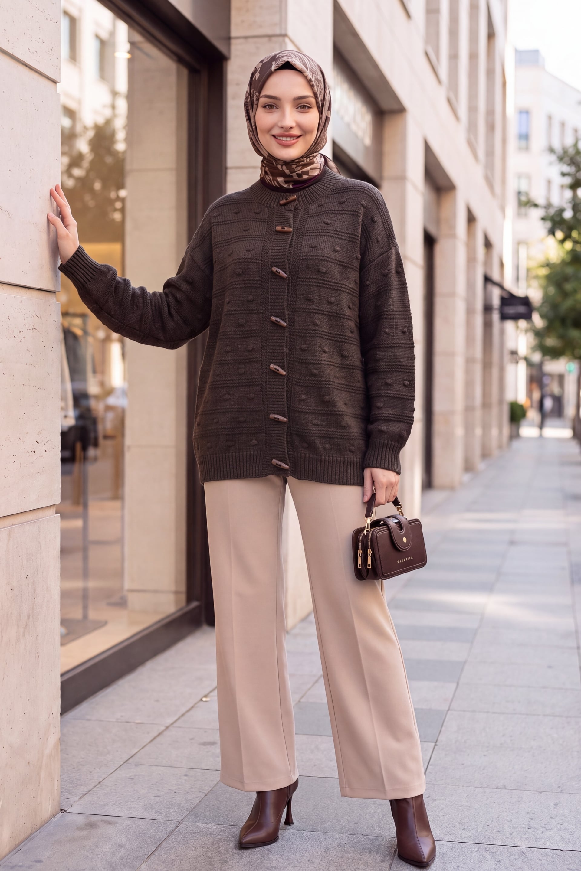 Dark Brown Toggle Button Knit Cardigan with Textured Pattern - Podyumplus - by Peralane - photo 3