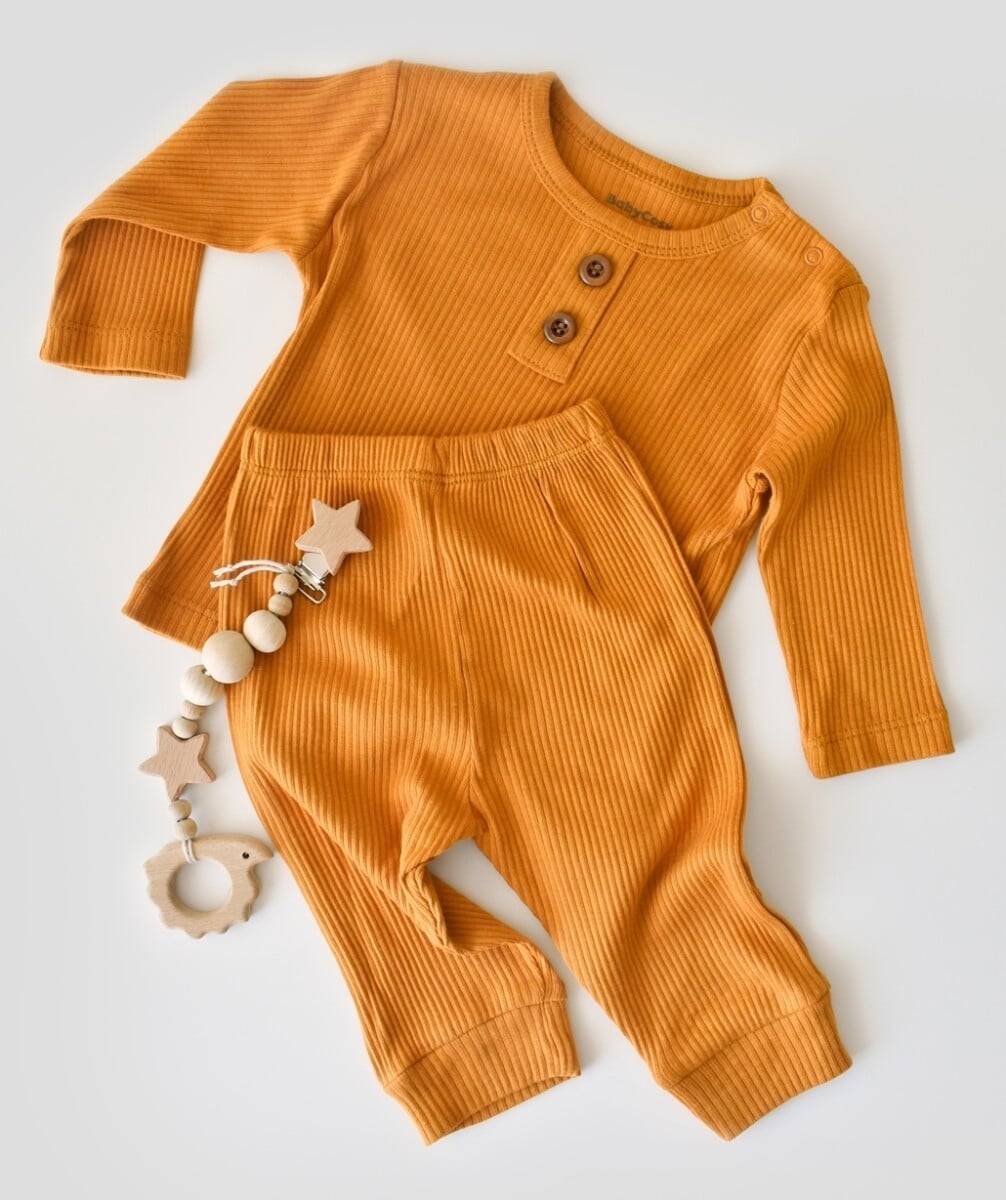 Baby Boys' Ribbed Cotton Modal Top and Trousers Set in Mustard (Pack of 5) - Babycosy - by Peralane