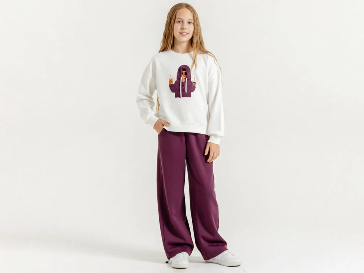 Girls' Printed Pocket Sweatshirt and Trousers Set - Plum - ÖZ Bebe - by Peralane