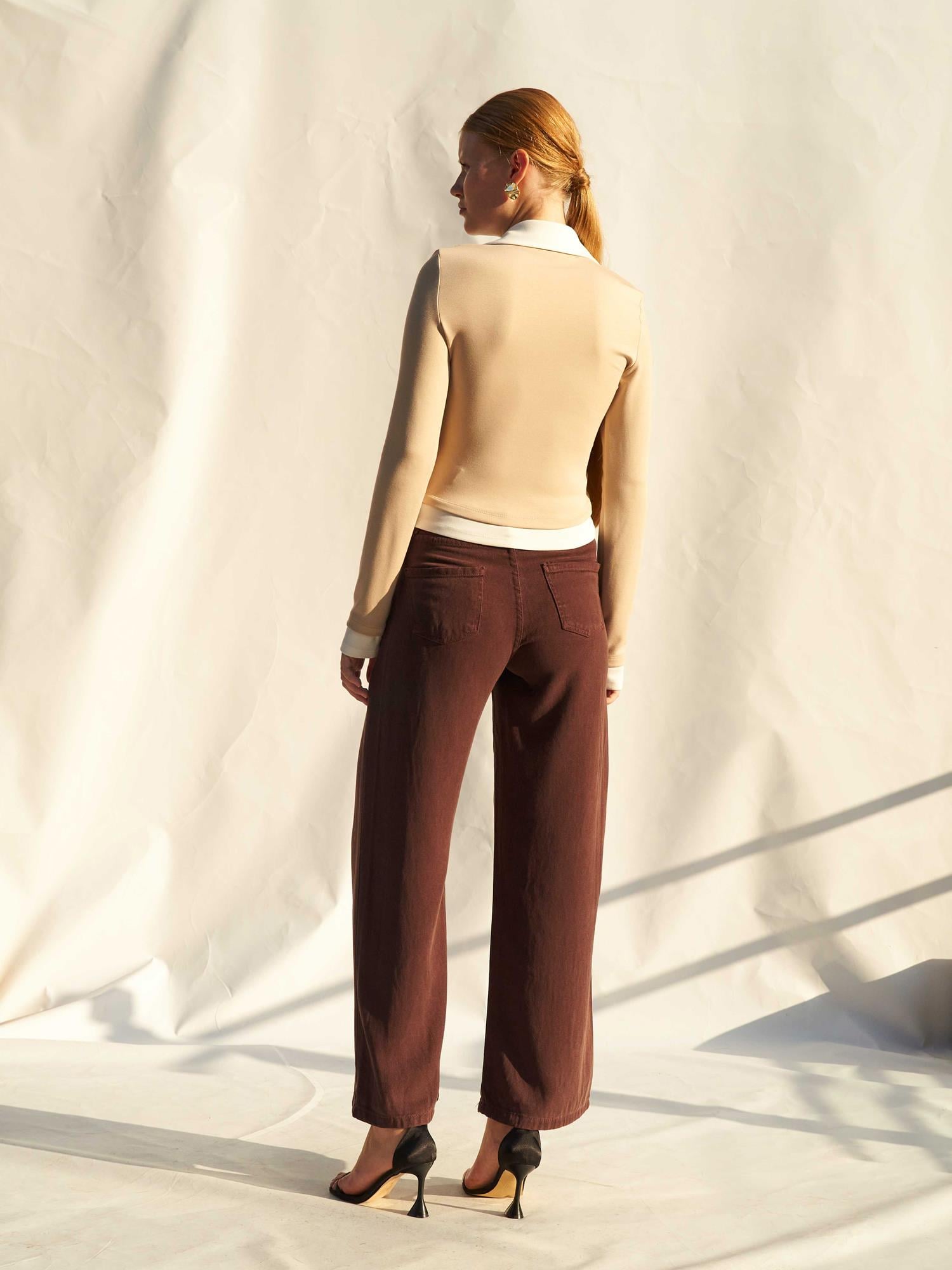 Women's Beige Long-Sleeved Contrast Collar Knit Blouse - Lefon - by Peralane - photo 7