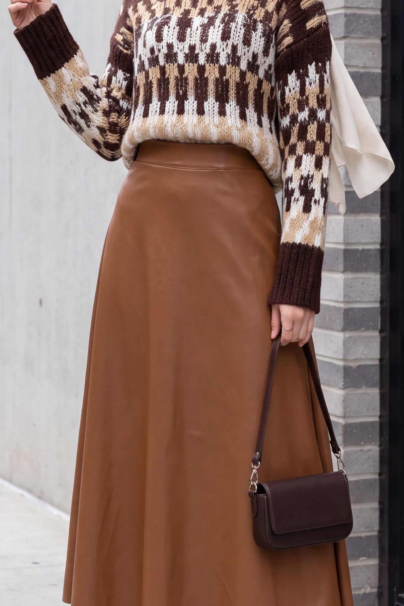 Faux Leather A-Line Midi Skirt with Elastic Waist - Tan - Podyumplus - by Peralane - photo 3