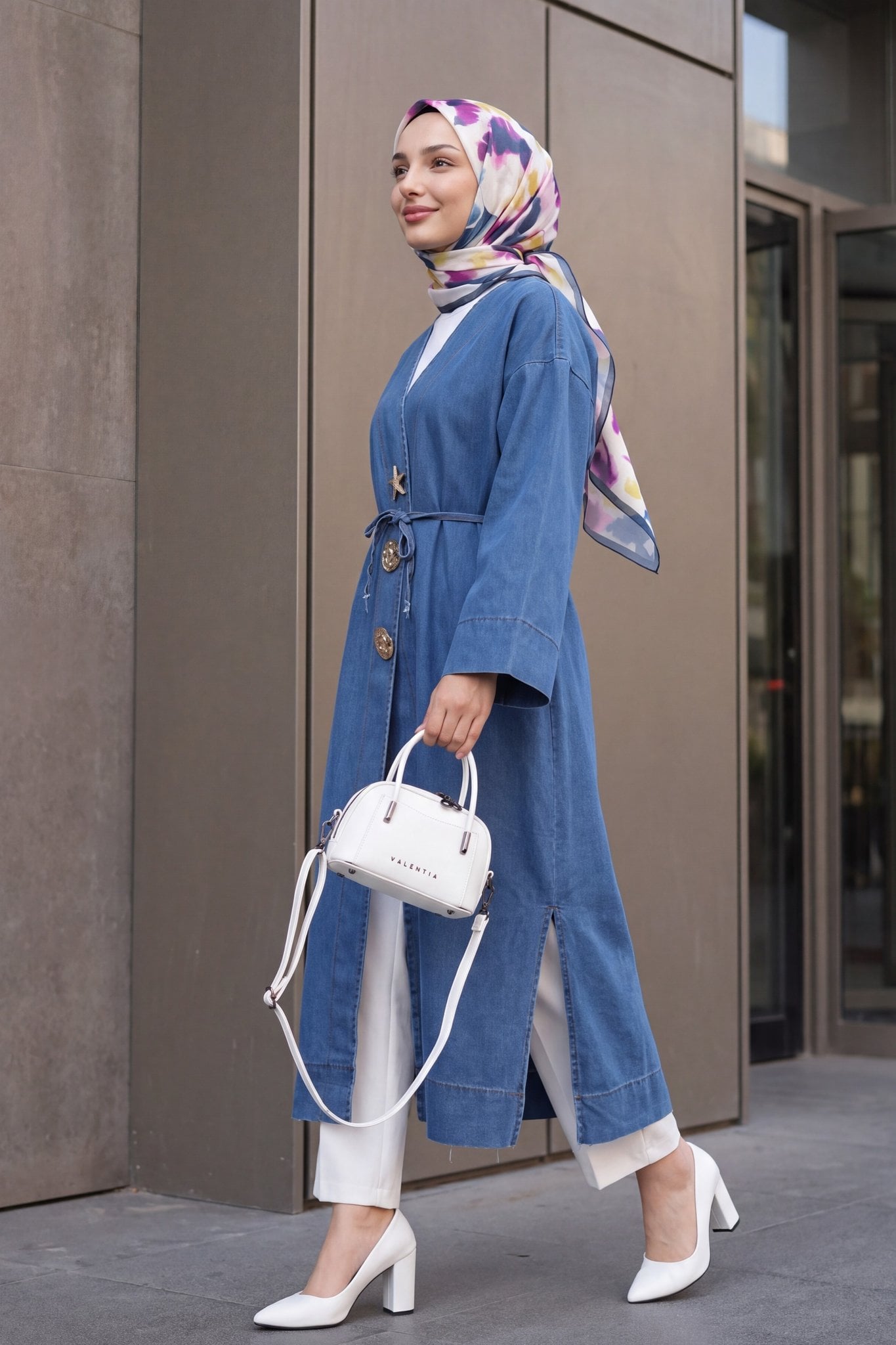 Long Denim Kimono Jacket with Tie Belt and Brooch - Blue - Podyumplus - by Peralane - photo 2