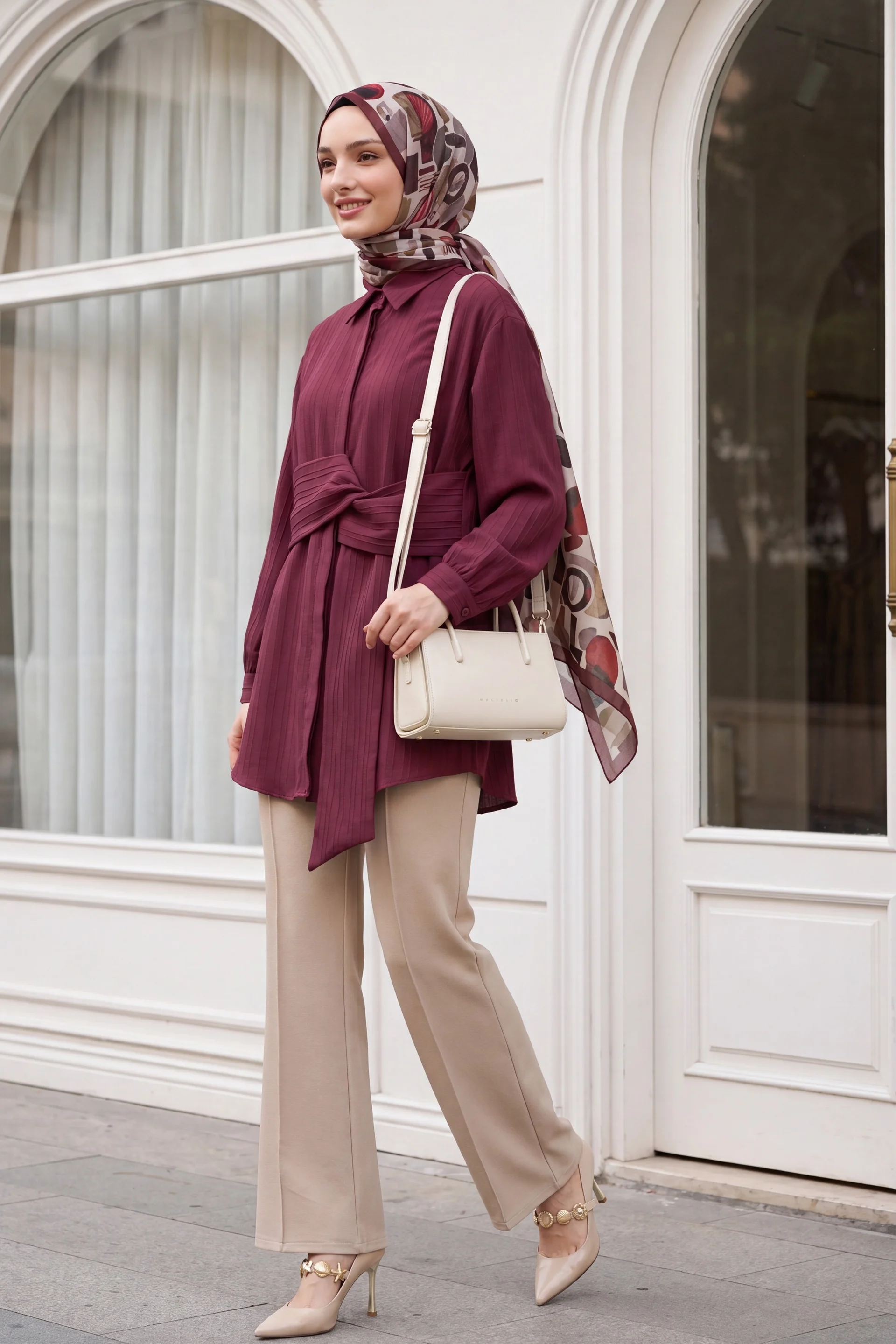 Burgundy Tie-Belt Crinkle Tunic with Ribbed Texture - Podyumplus - by Peralane - photo 3