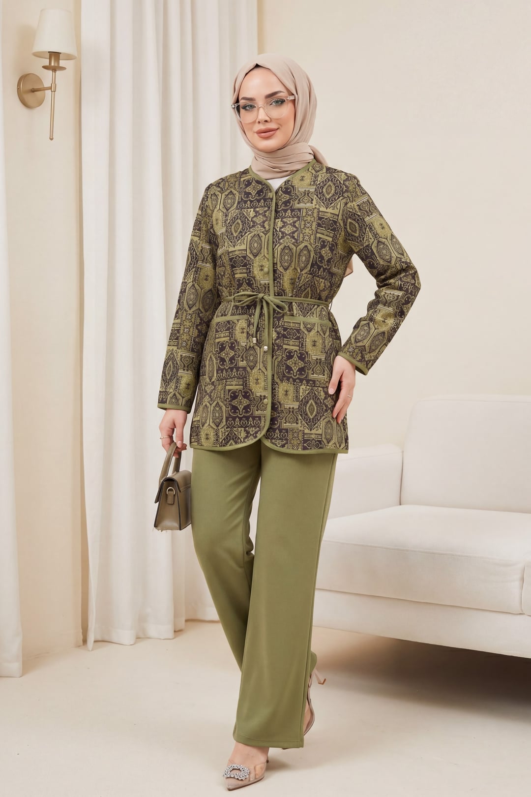 Women's Two-Piece Jacket and Trousers Set with Geometric Print - Olive Green - Podyumplus - by Peralane - photo 5