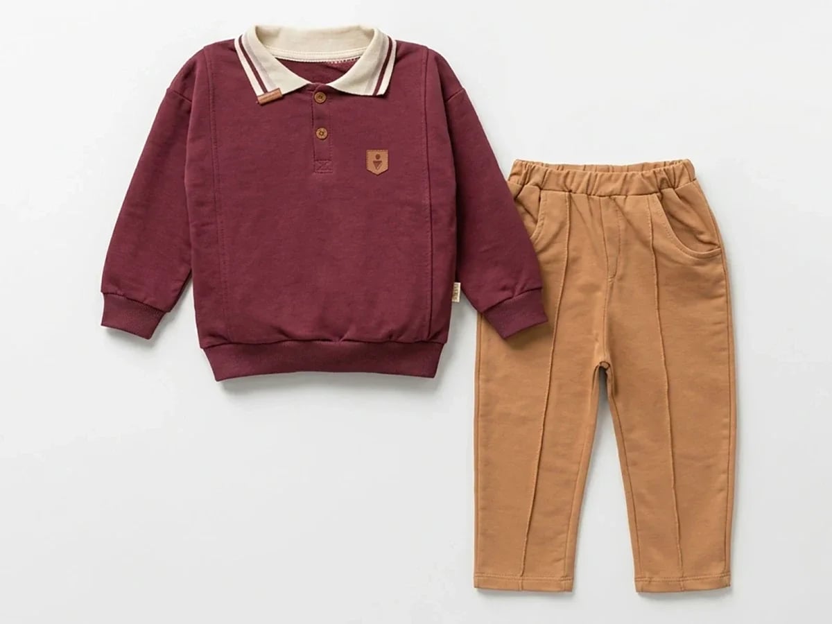Boys' 4-Piece Set with Polo Shirt and Trousers - Wine - Vovido - by Peralane