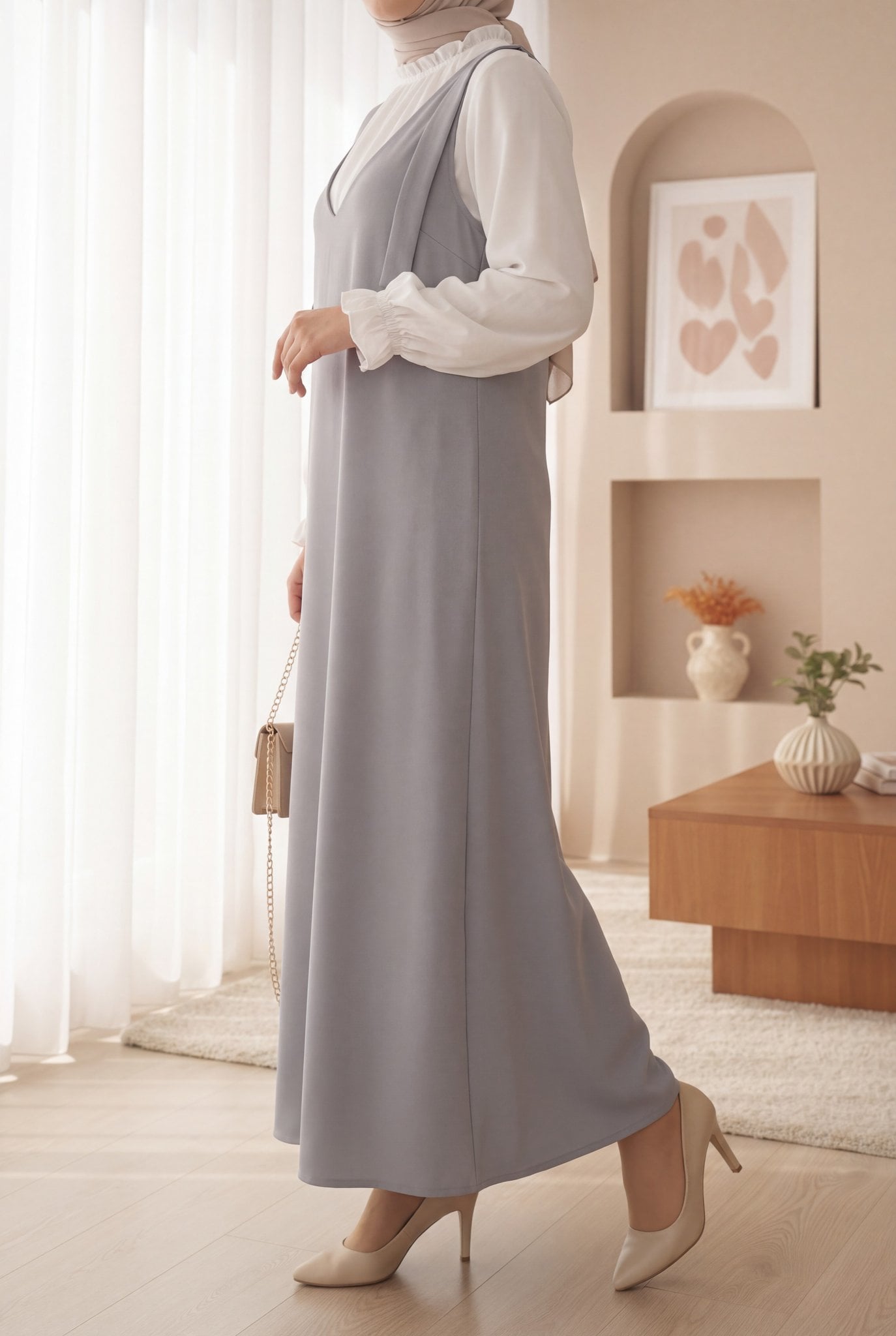 Long Pinafore Dress with Tie Shoulder Straps - Grey - Podyumplus - by Peralane - photo 5