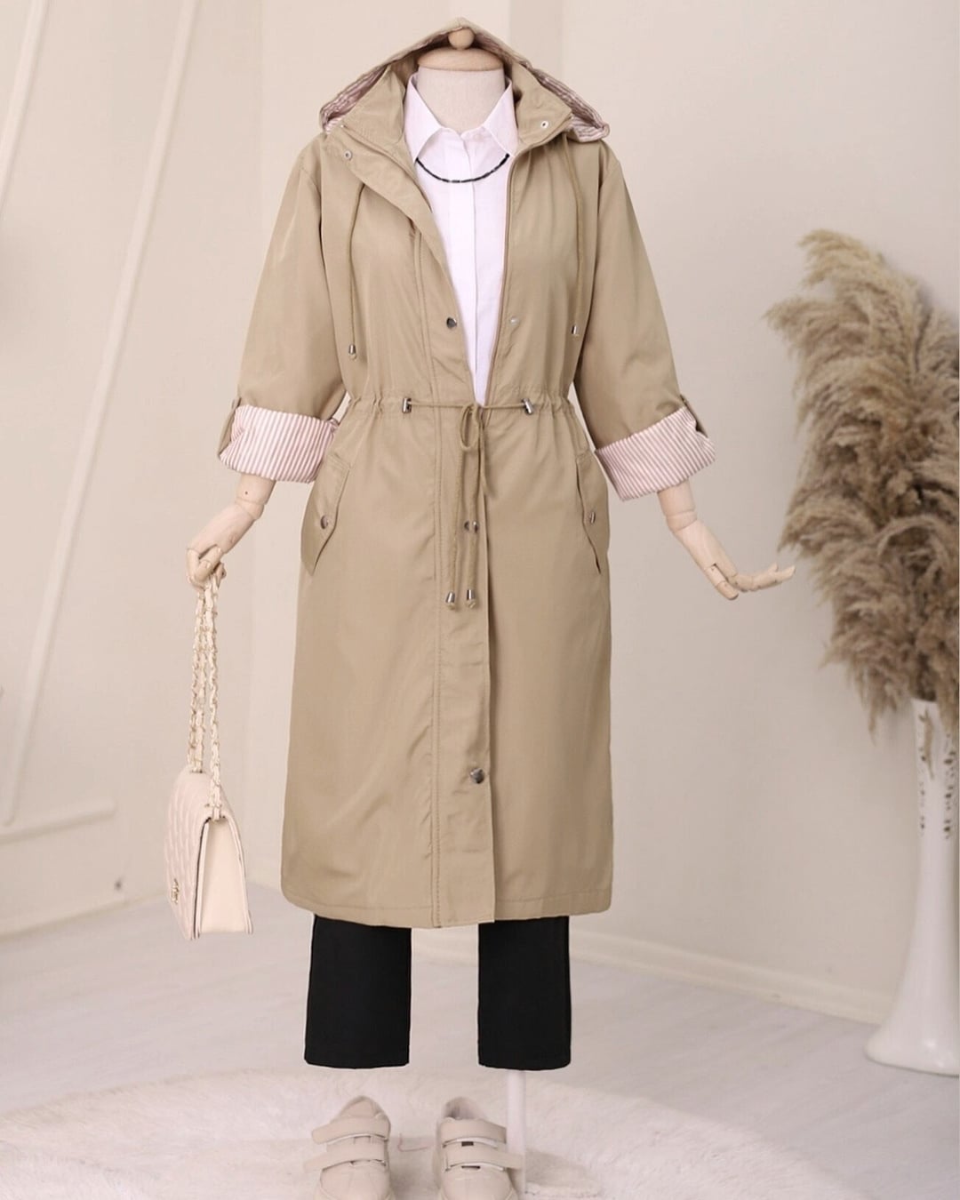 Beige Hooded Lined Trench Coat with Removable Hood and Striped Cuffs - Podyumplus - by Peralane - photo 9