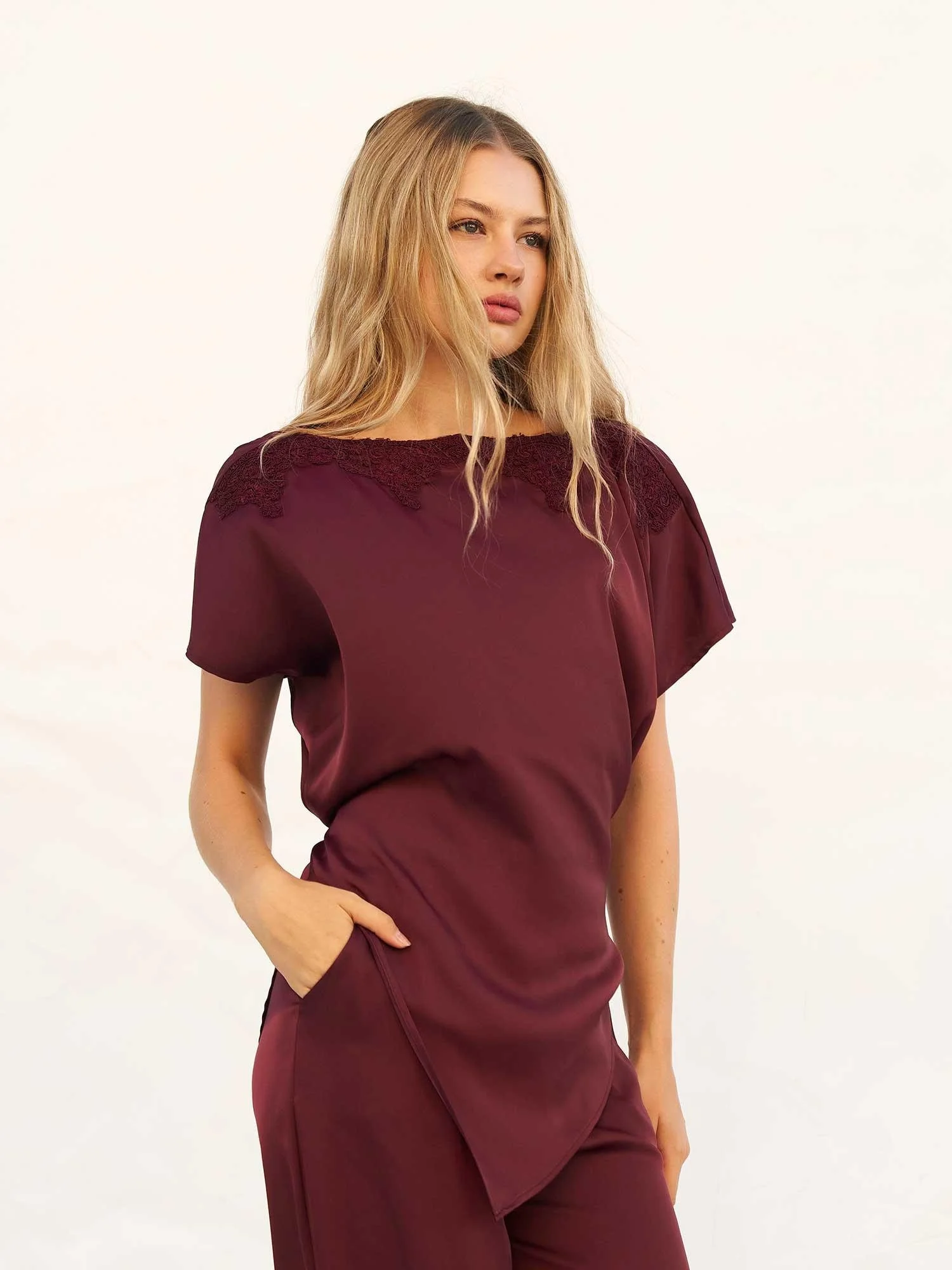 Lace Trim Asymmetric Satin Blouse and Wide-Leg Trousers Set in Burgundy - Lefon - by Peralane - photo 7