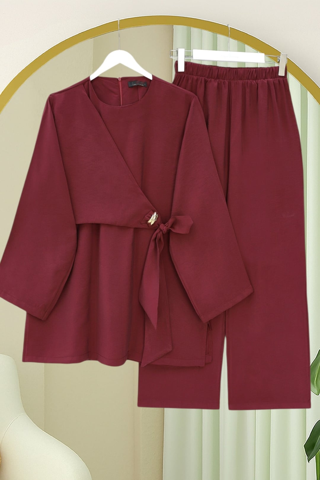 Burgundy Wrap-Front Tunic and Wide-Leg Trouser Set - Podyumplus - by Peralane - photo 3