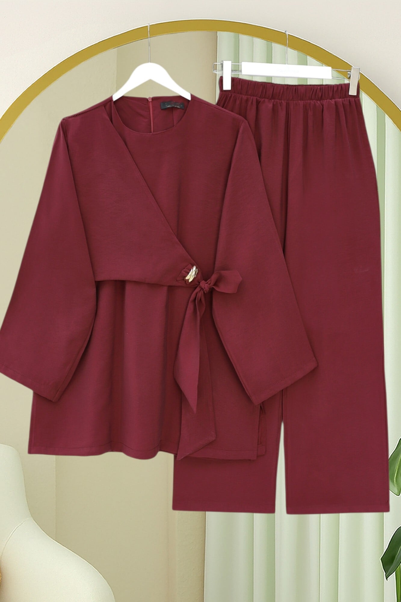 Burgundy Wrap-Front Tunic and Wide-Leg Trouser Set - Podyumplus - by Peralane - photo 3