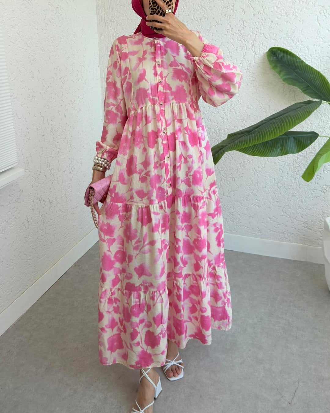 Half Button Balloon Sleeve Batik Print Dress - Pomegranate Flower - Podyumplus - by Peralane