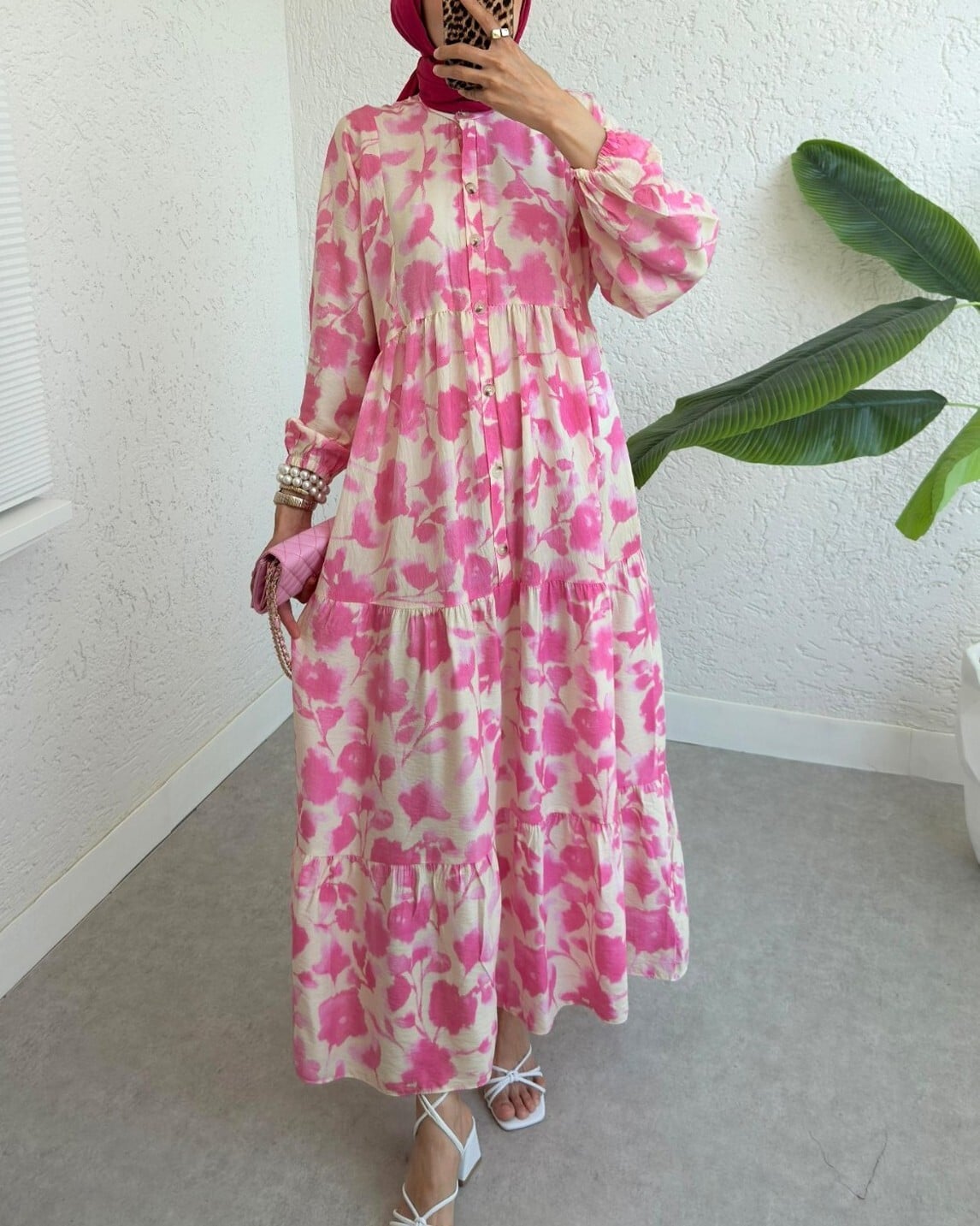 Half Button Balloon Sleeve Batik Print Dress - Pomegranate Flower - Podyumplus - by Peralane