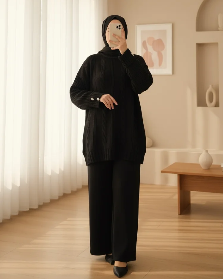 Black Cable-Knit Sweater and Trousers Set with Button Detail - Podyumplus - by Peralane - photo 2