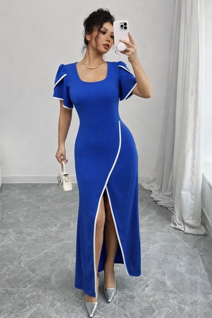 Women's Short Sleeve Square Neck Crepe Dress with Front Cross Detail - Janes - by Peralane