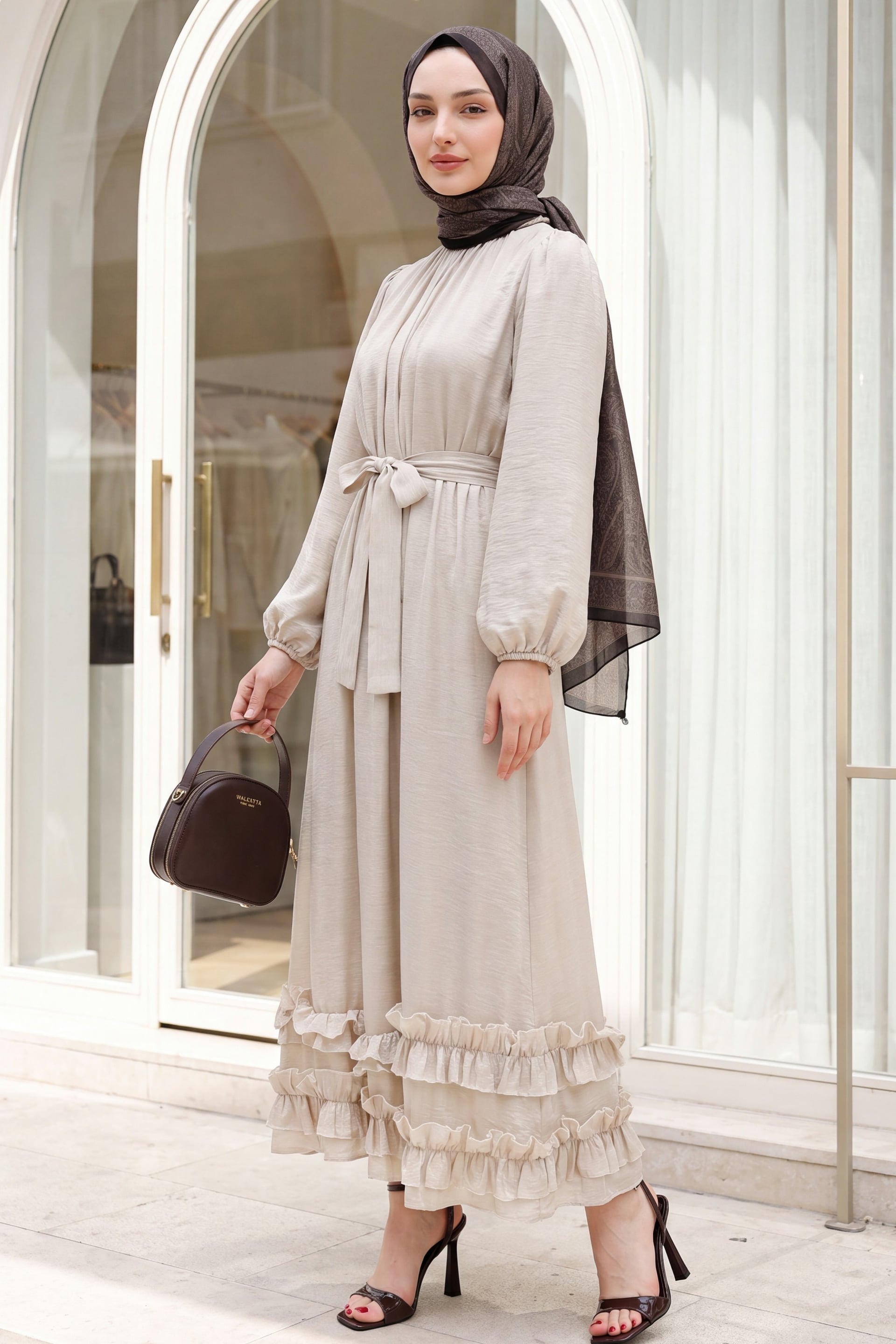 Long Dress with Ruffled Collar and Hem, Balloon Sleeves, Belted, in Stone - Podyumplus - by Peralane - photo 2