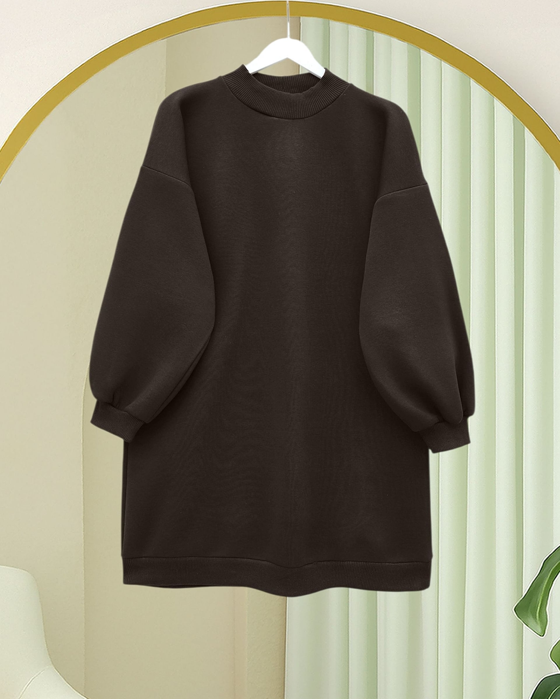 Three-Thread Fleece-Lined Sweatshirt with Balloon Sleeves - Dark Brown - Podyumplus - by Peralane - photo 3