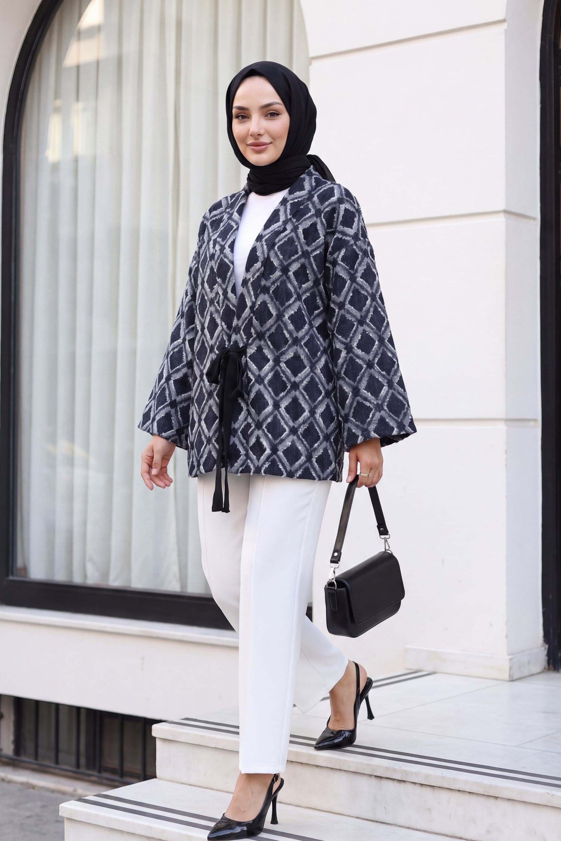 Tie-Waist Check Pattern Fringed Kimono - Dark Navy - Podyumplus - by Peralane - photo 4
