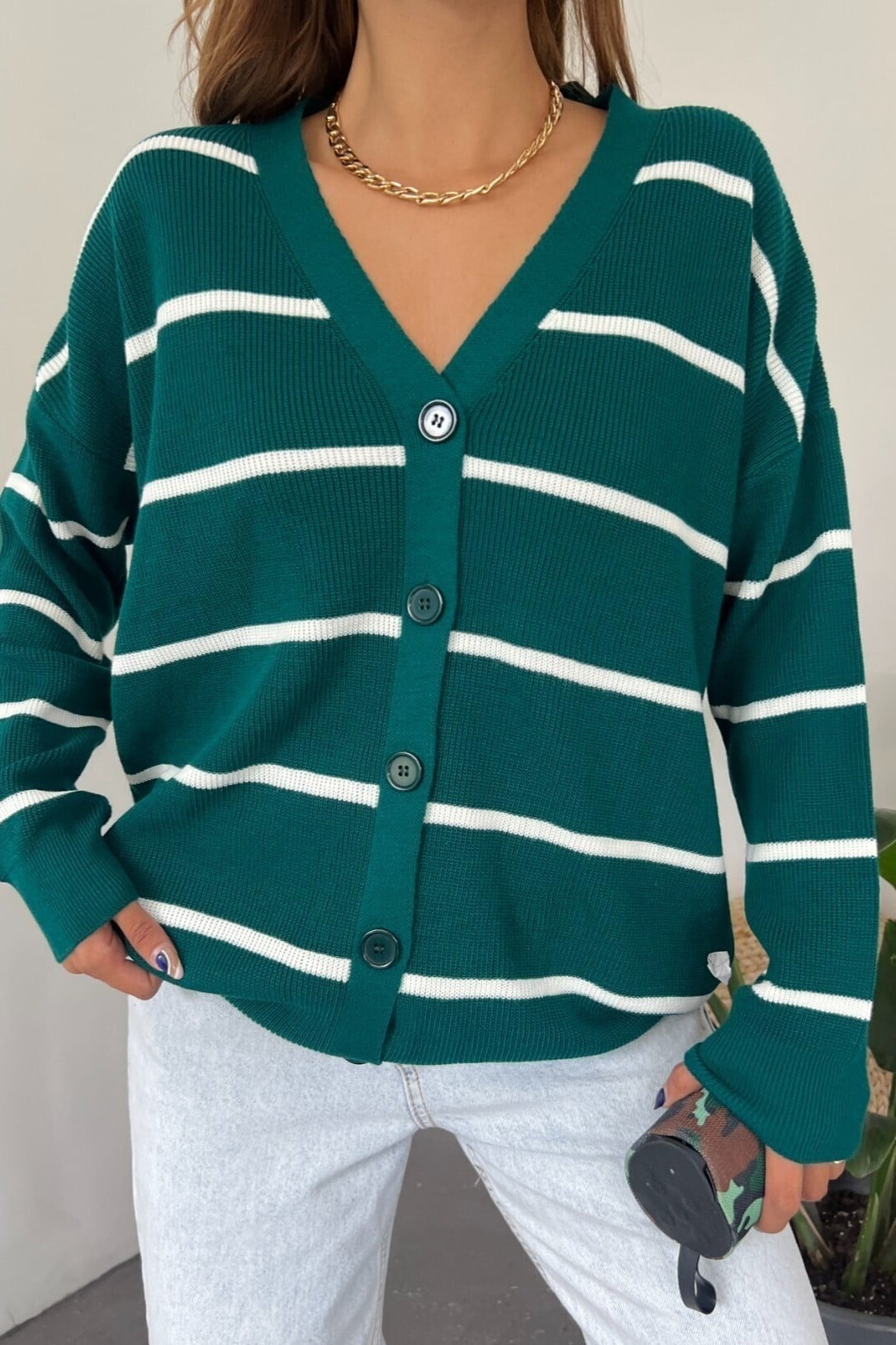 Striped Buttoned Cardigan - Emerald - Podyumplus - by Peralane - photo 8