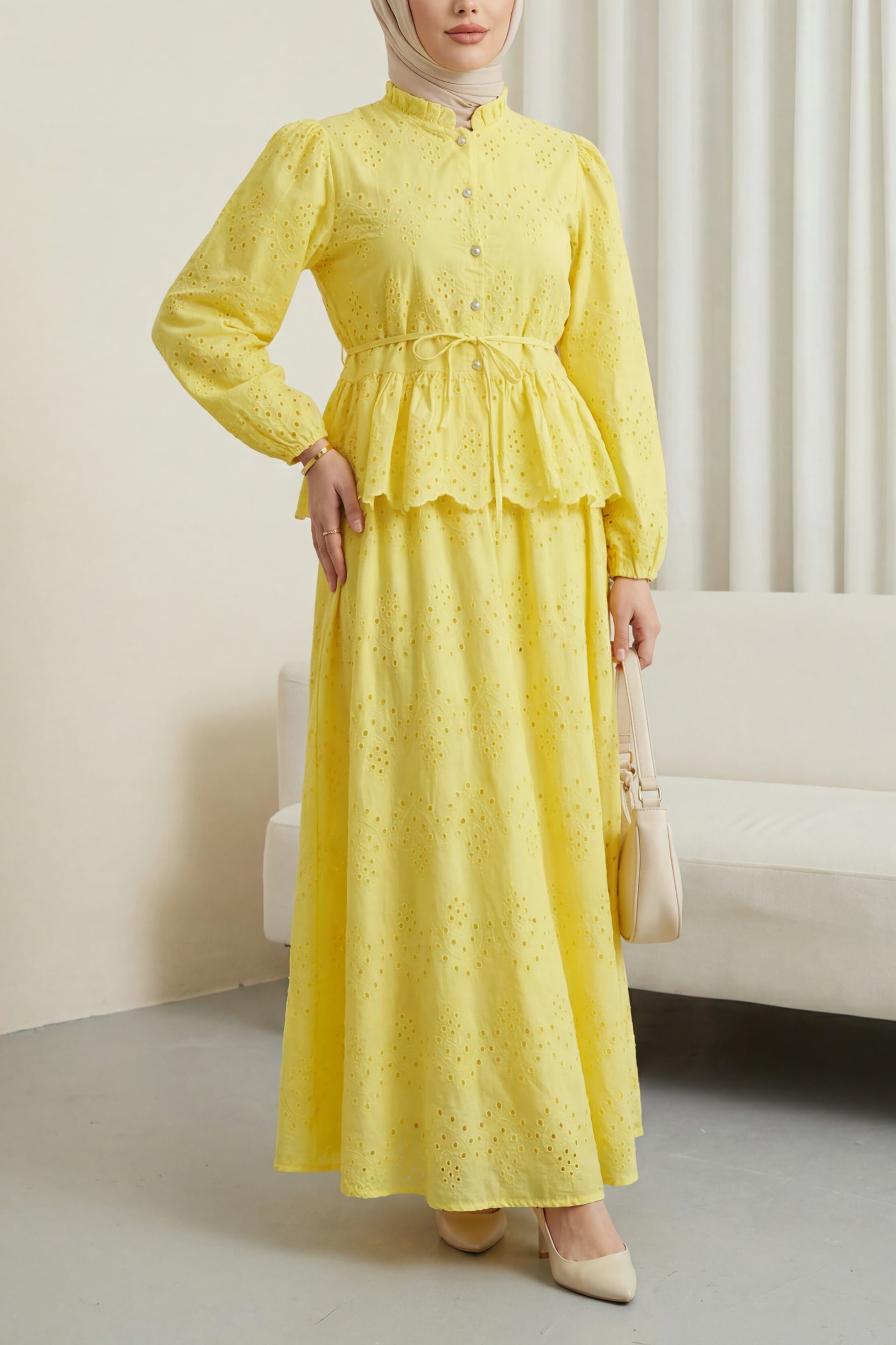 Yellow Eyelet Cotton Blend Two-Piece Set with Puff Sleeves and Belt - Podyumplus - by Peralane - photo 6