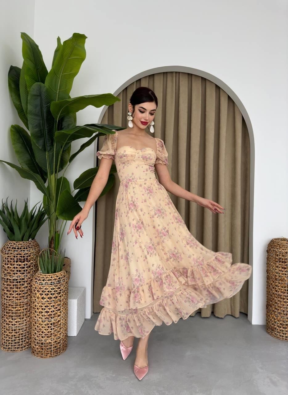 Beige Floral Poplin Dress with Short Sleeves - Etika - by Peralane - photo 3
