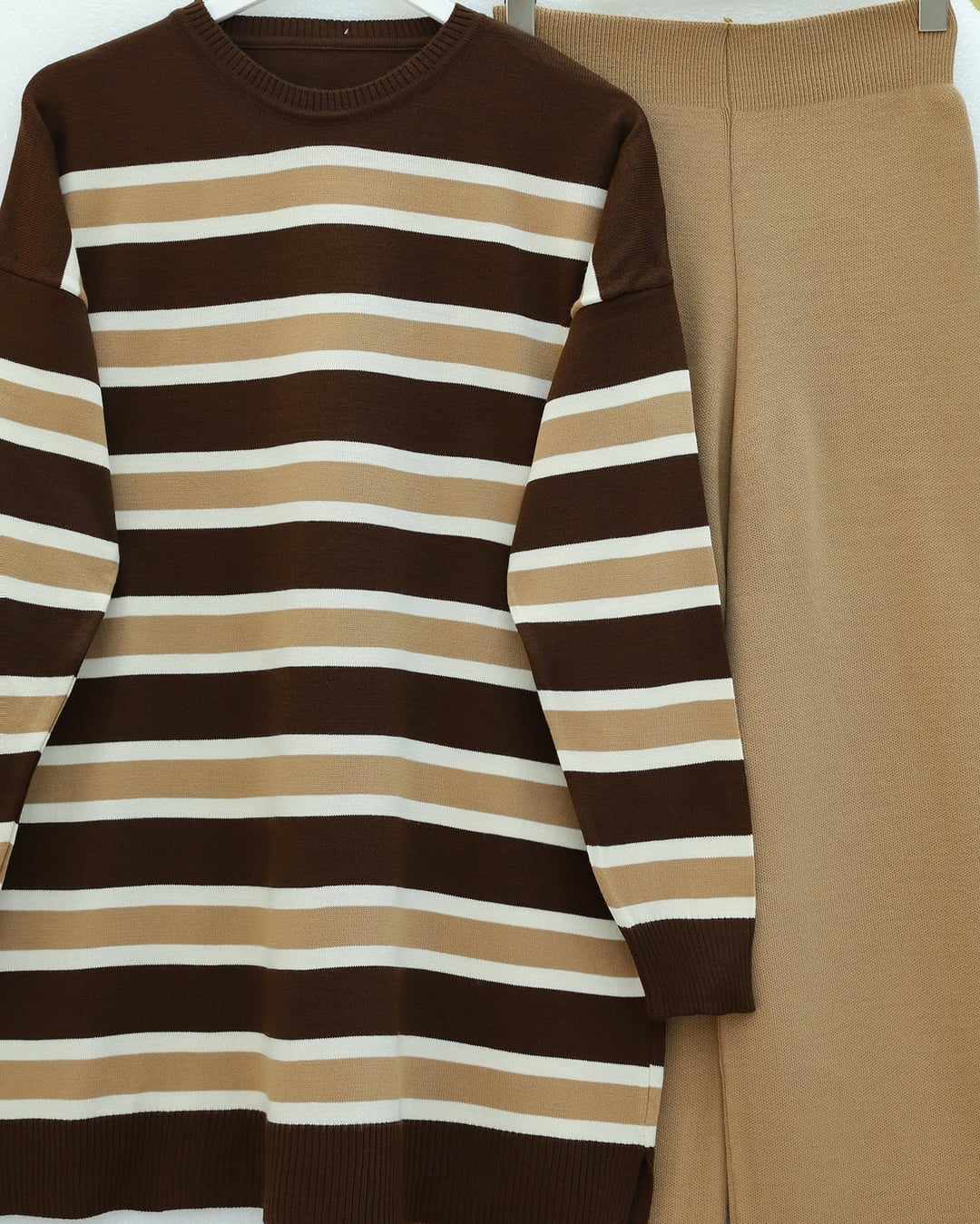 Round Neck Striped Knit Tunic and Trouser Set - Beige - Podyumplus - by Peralane - photo 5
