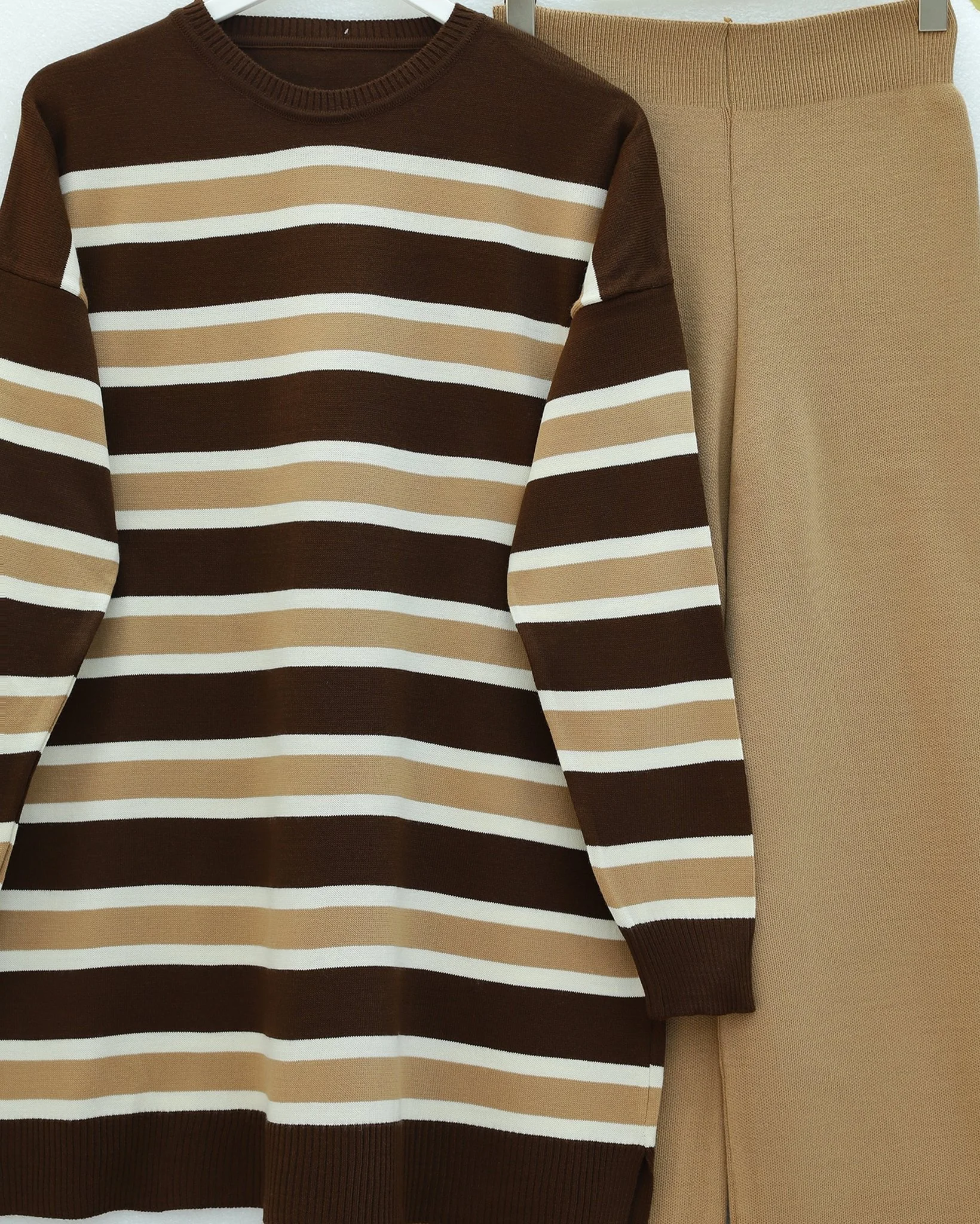 Round Neck Striped Knit Tunic and Trouser Set - Beige - Podyumplus - by Peralane - photo 5