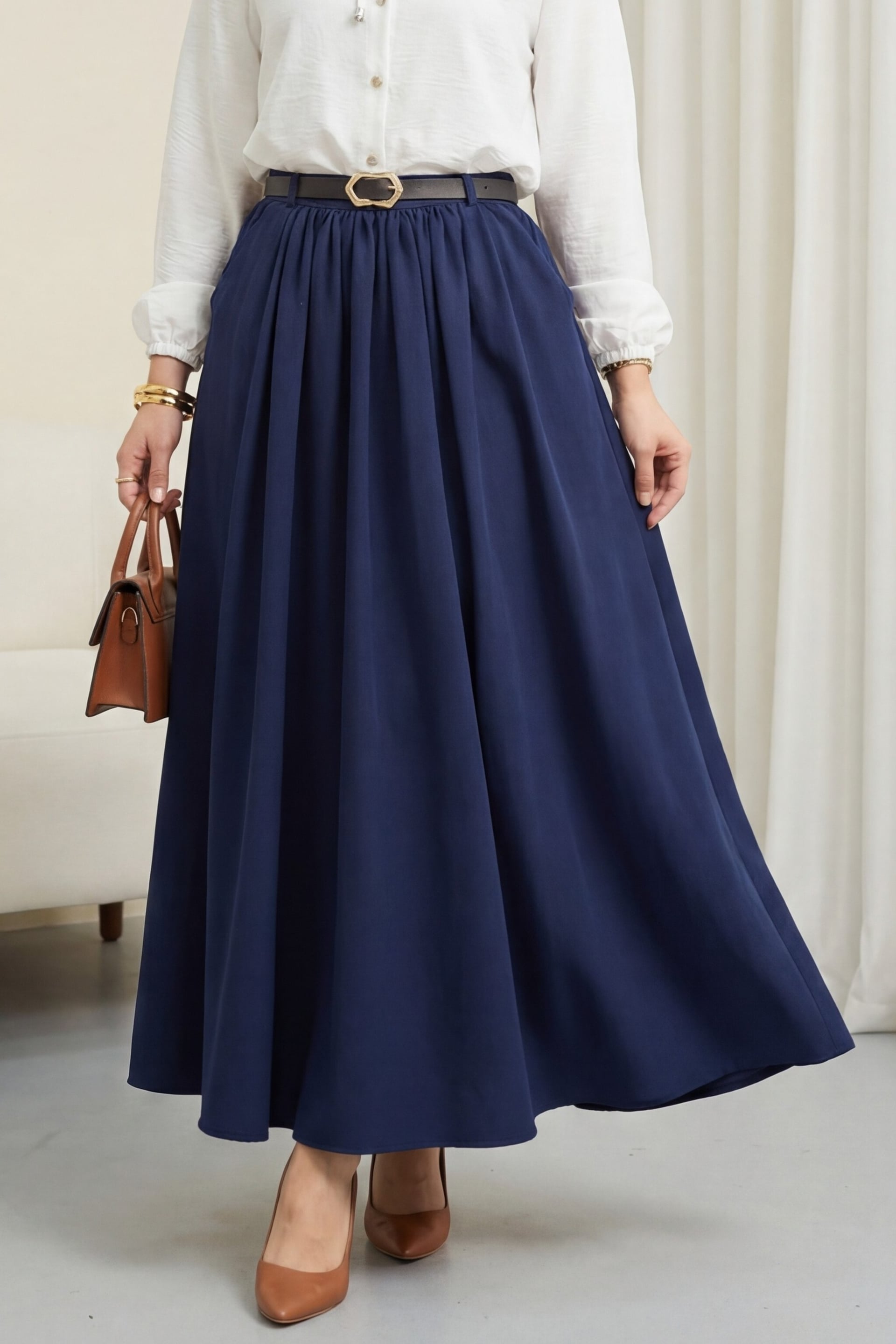 Pleated Tweed Skirt with Buckle Belt and Side Pockets - Navy - Podyumplus - by Peralane