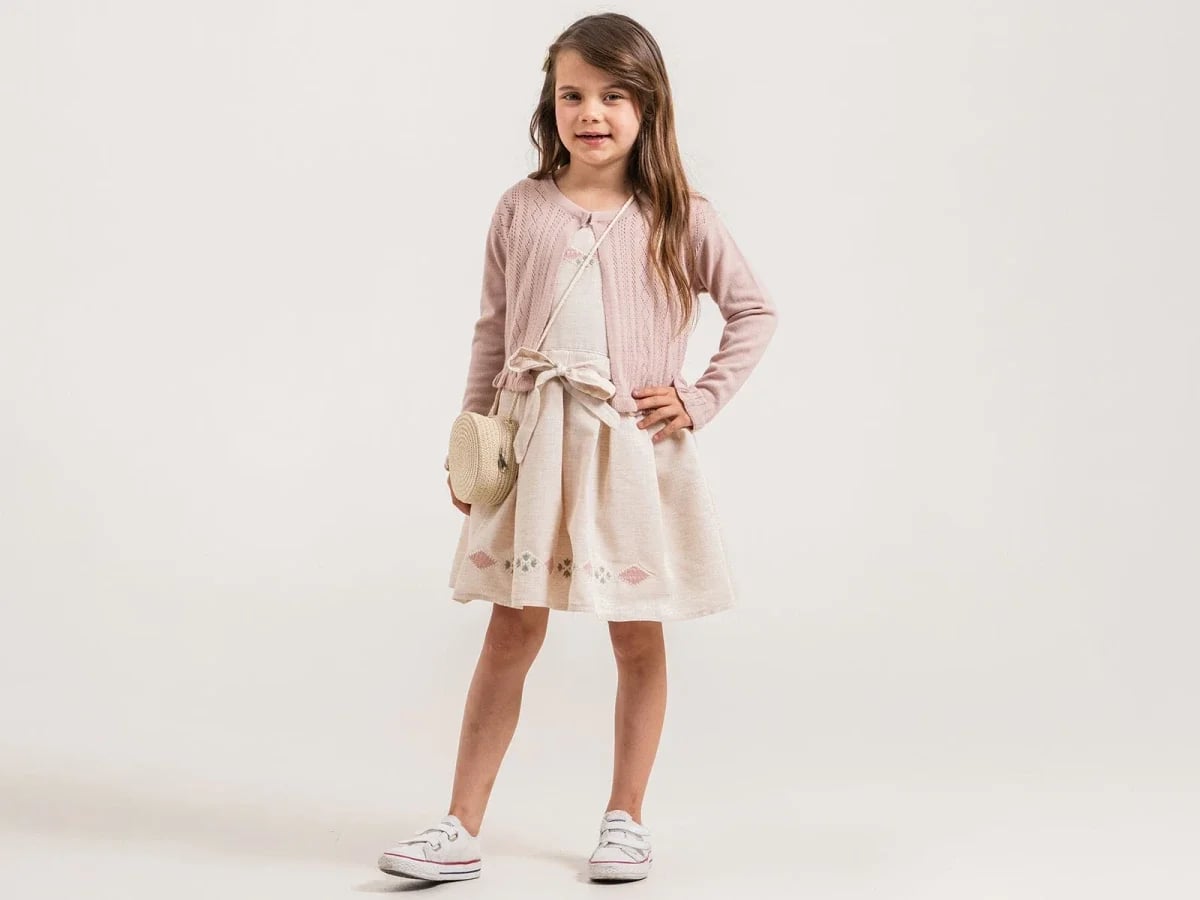 Baklava Pattern Embroidered Dress with Bag for Girls - Trio Set - Pampal Kids - by Peralane
