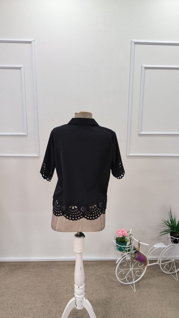 Women's Black Short Sleeve Collared Button-Front Blouse with Laser-Cut Floral Hem - Janes - by Peralane - photo 8