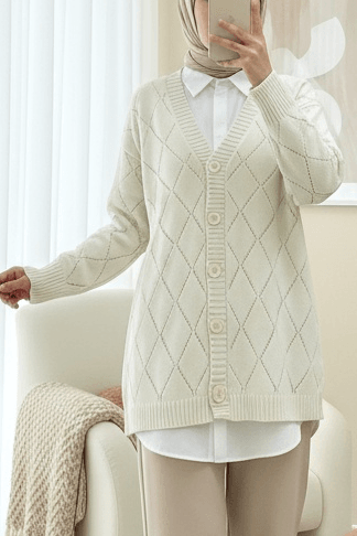 Openwork Diamond Pattern Knit Cardigan - Cream - Podyumplus - by Peralane