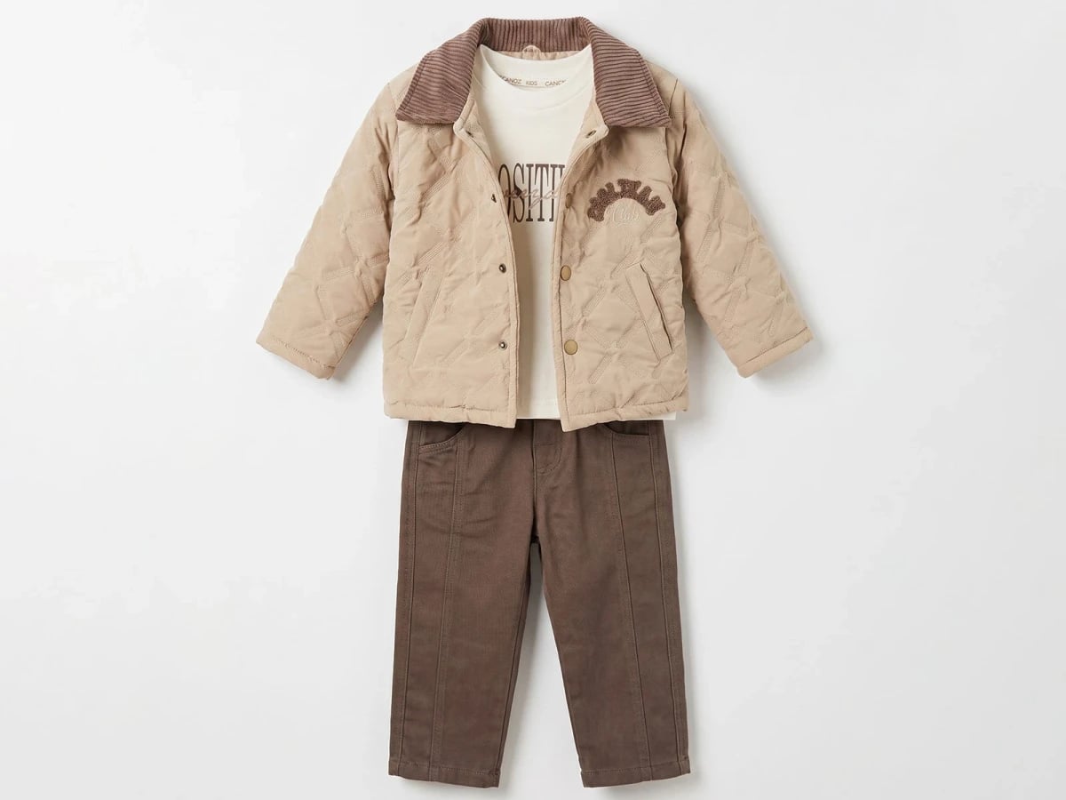 Beige Quilted Jacket, Cream T-Shirt and Brown Trousers Boys' Set - Canoz - by Peralane