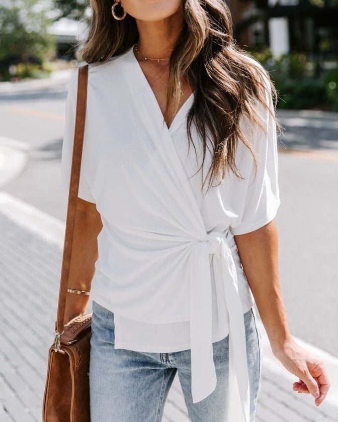 Women's White Wrap Blouse with V-Neck and Side Tie, Viscose Blend - Janes - by Peralane