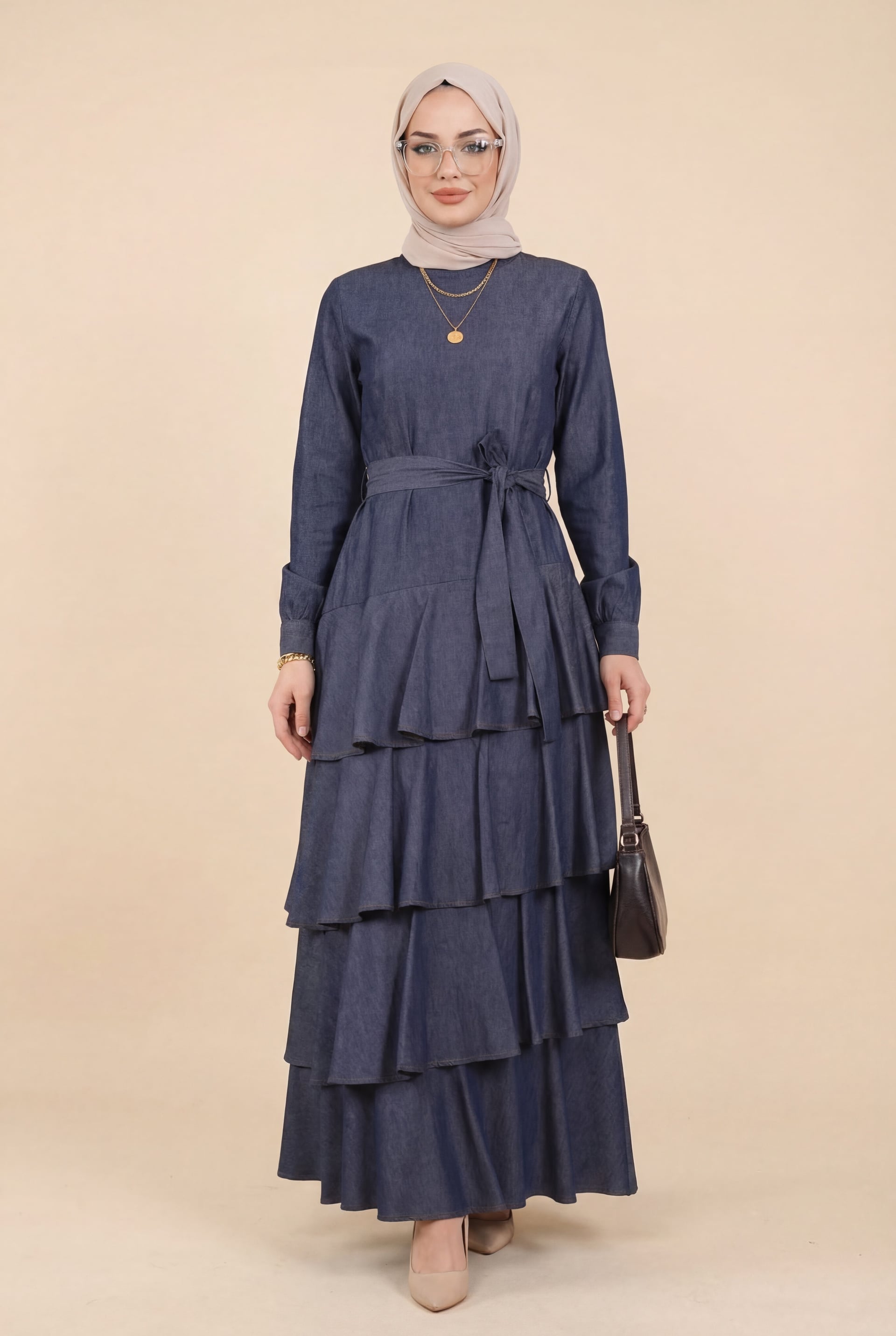 Tiered Denim Dress with Belt - Smoke - Podyumplus - by Peralane - photo 2
