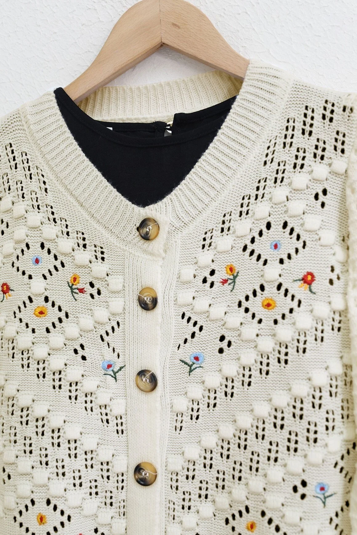 Cream Floral Embroidered Openwork Cardigan - Podyumplus - by Peralane - photo 5