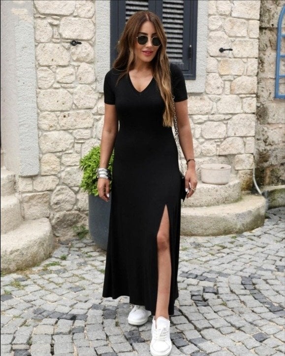 Women's Short Sleeve V-Neck Maxi Viscose Dress - Black - Janes - by Peralane