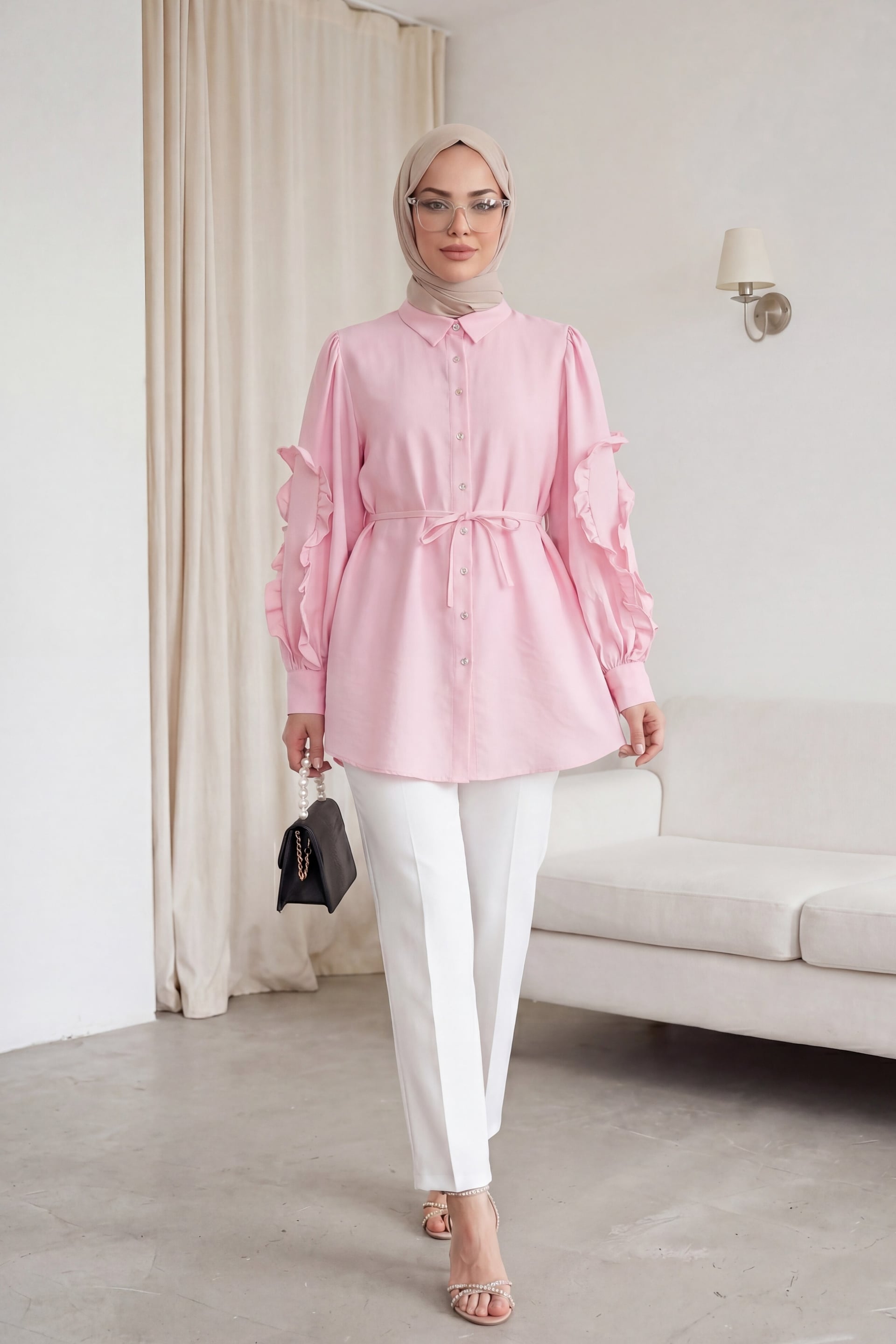 Women's Pink Ruffled Sleeve Button-Front Tie Blouse - Podyumplus - by Peralane - photo 3