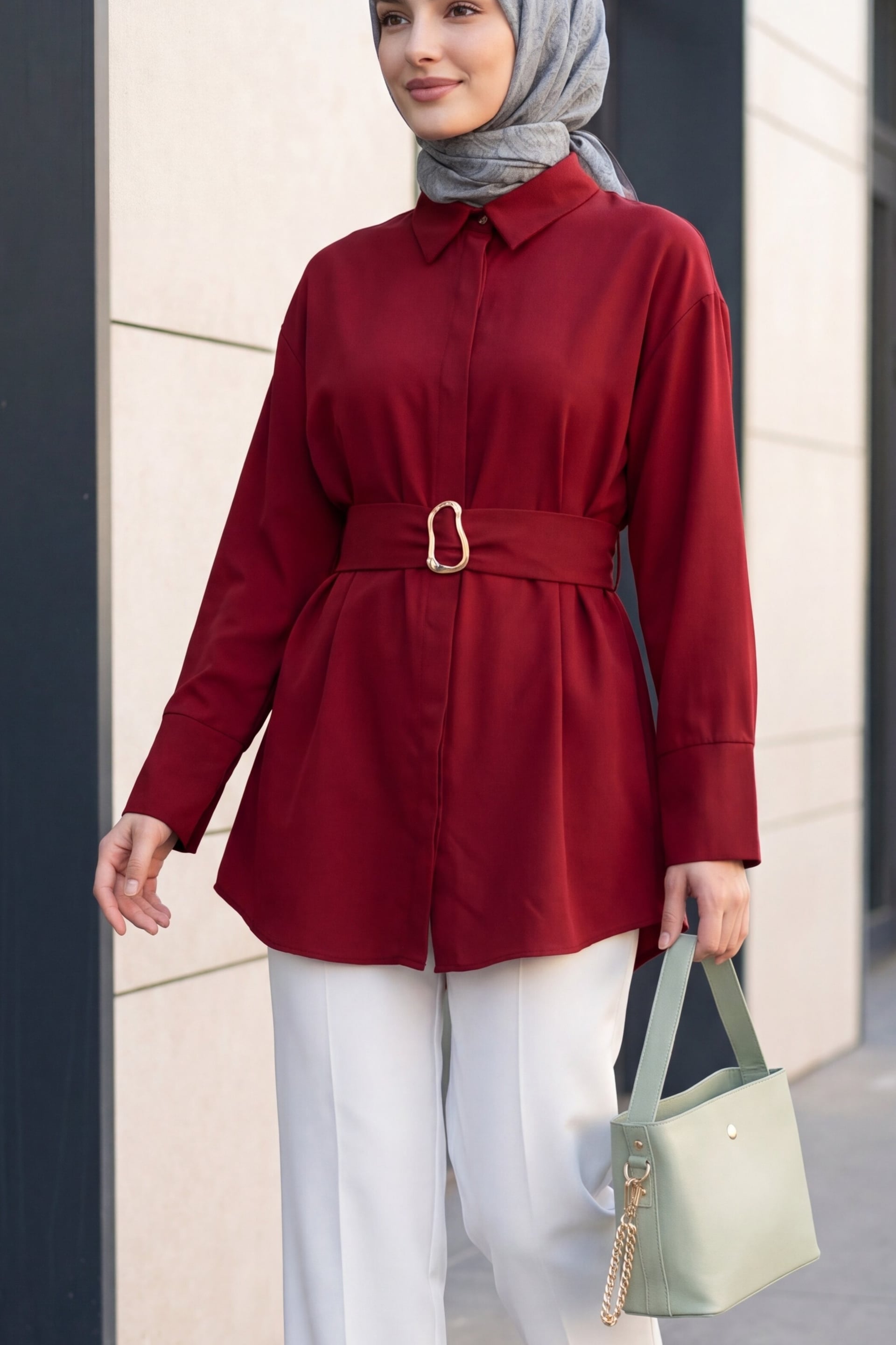 Burgundy Poplin Tunic with Buckled Belt and Double Cuff Sleeves - Podyumplus - by Peralane - photo 6