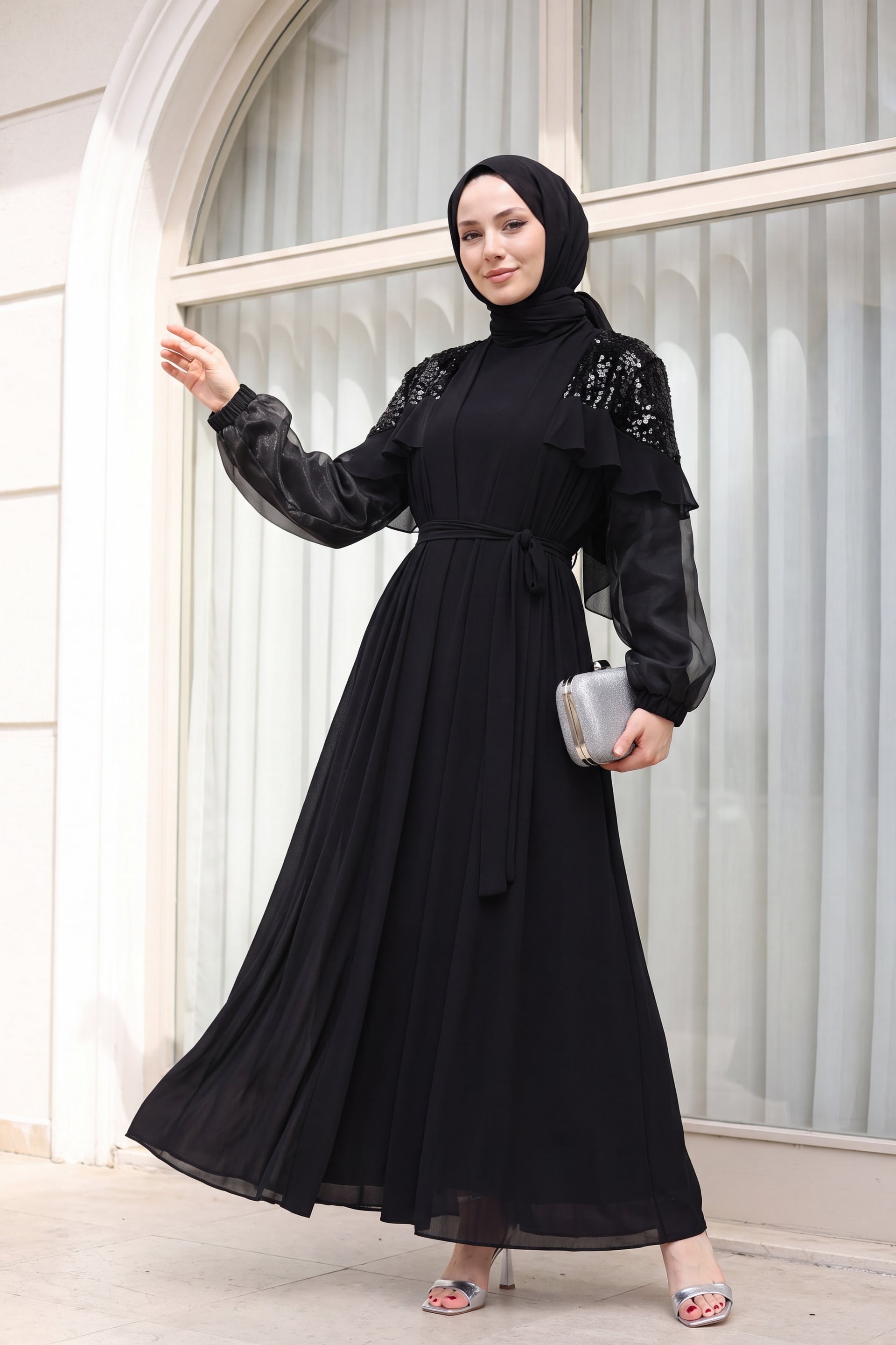 Women's Sequin-Embellished Chiffon Sleeve Abaya with Belt - Black - Podyumplus - by Peralane