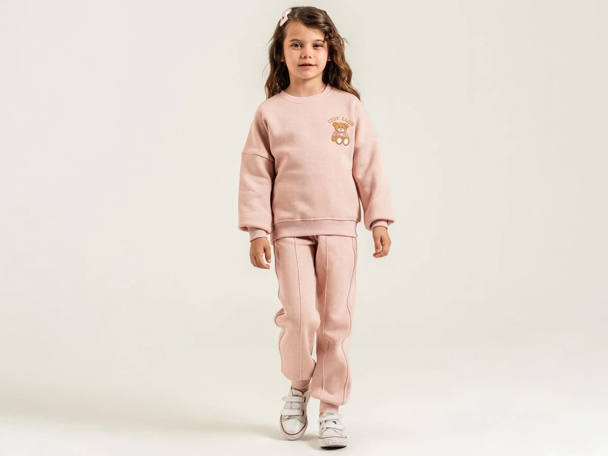 Girls' Teddy Bear Embroidered Sweatshirt and Trousers Set - Pale Pink - Pampal Kids - by Peralane