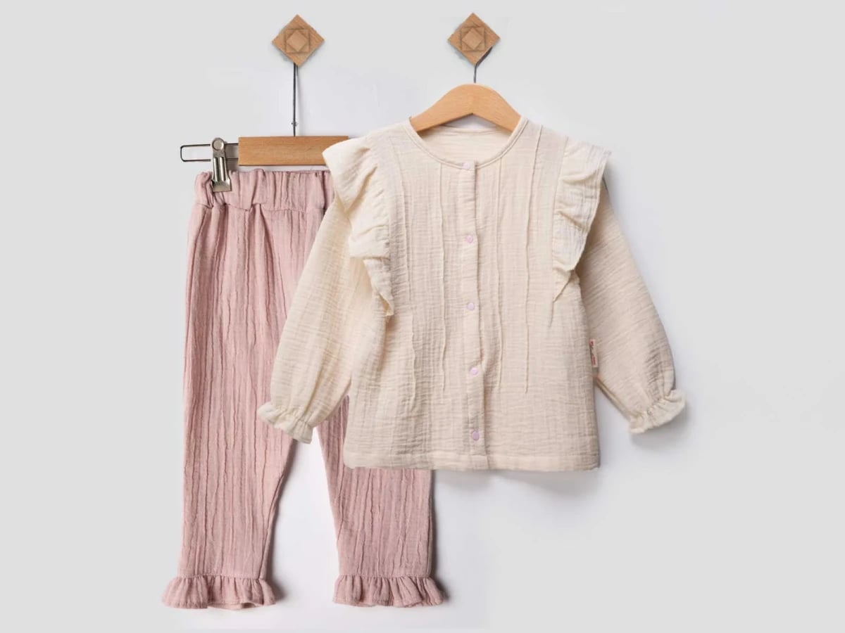 Ruffled Baby Girl 2-Piece Set in Cream and Pale Pink – Pack of 4 - Beyaz Bebek - by Peralane