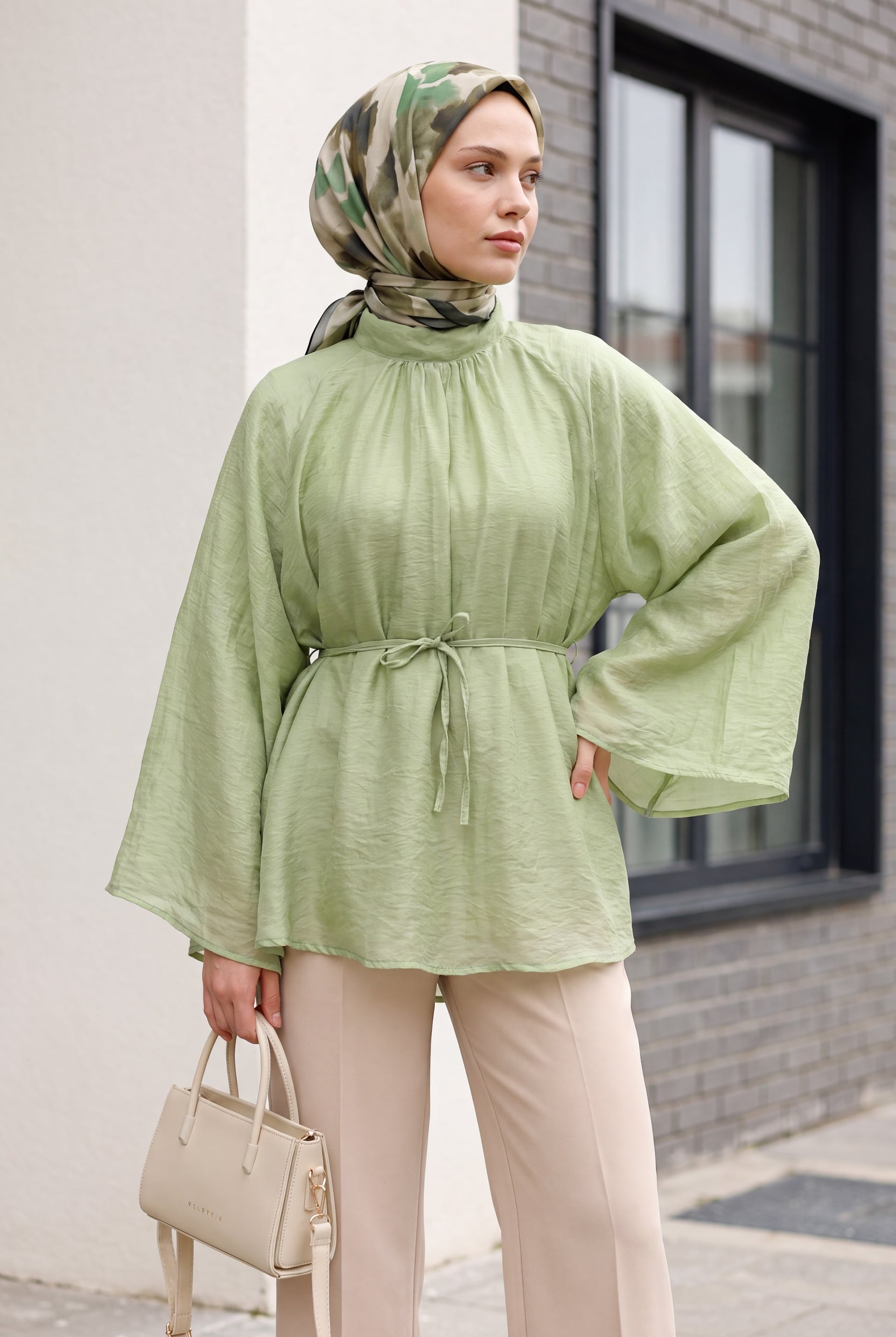Hakim Collar Belted Lined Spanish Sleeve Oversize Lyocell Tunic - Pale Green - Podyumplus - by Peralane