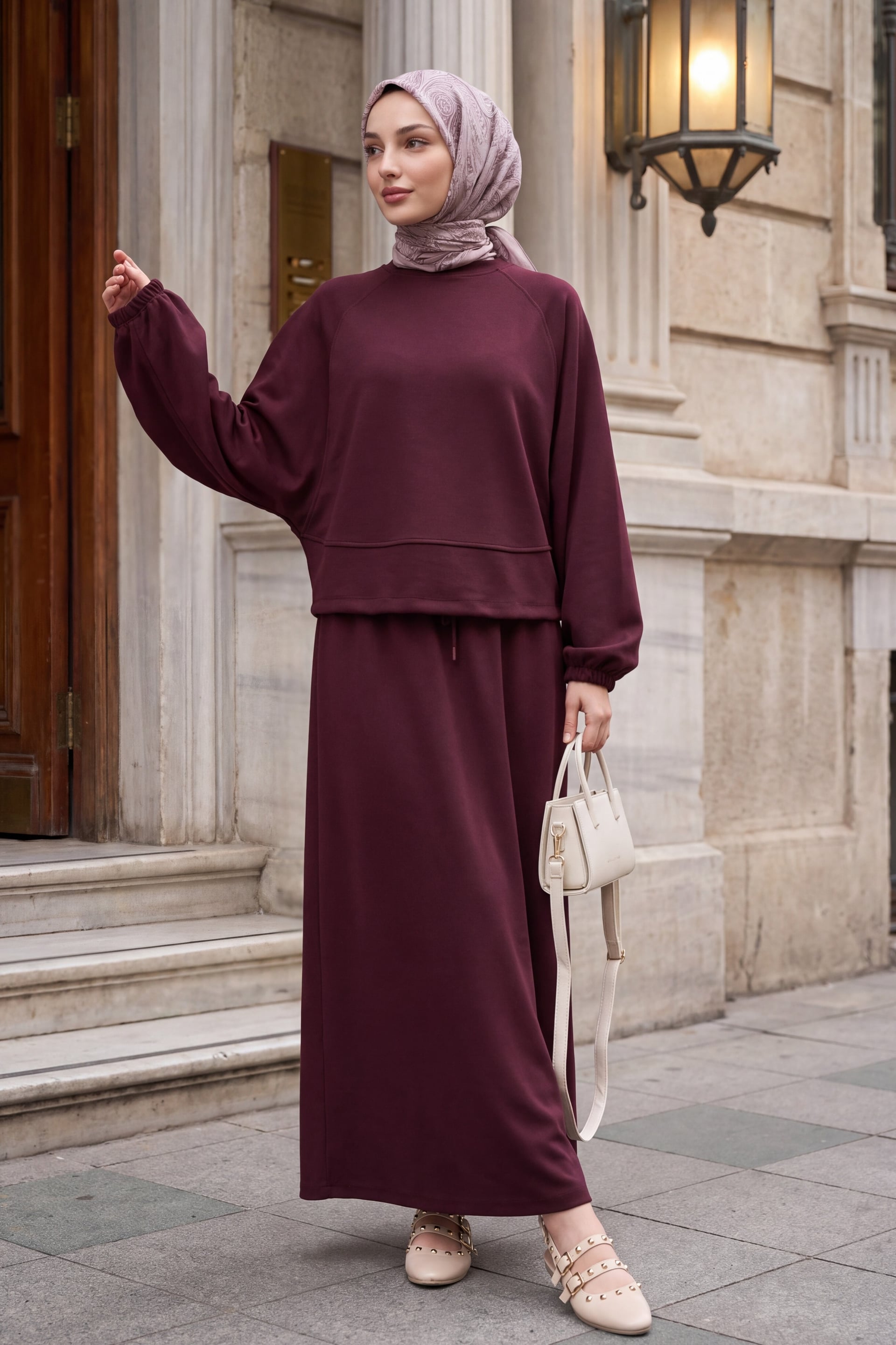 Burgundy Batwing Sleeve Crew Neck Skirt Set - Podyumplus - by Peralane - photo 4