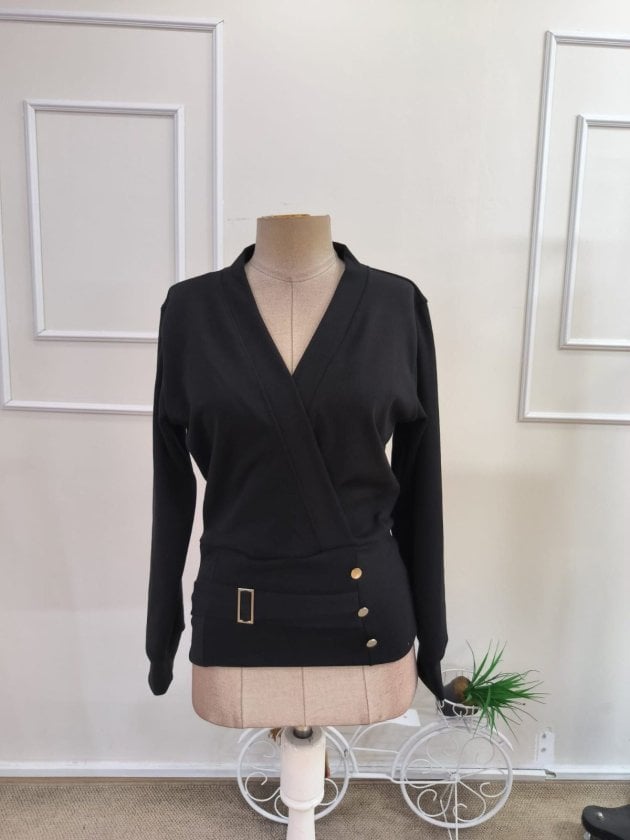Women's Long Sleeve Wrap Neck Blouse with Belt and Button Detail - Janes - by Peralane - photo 5