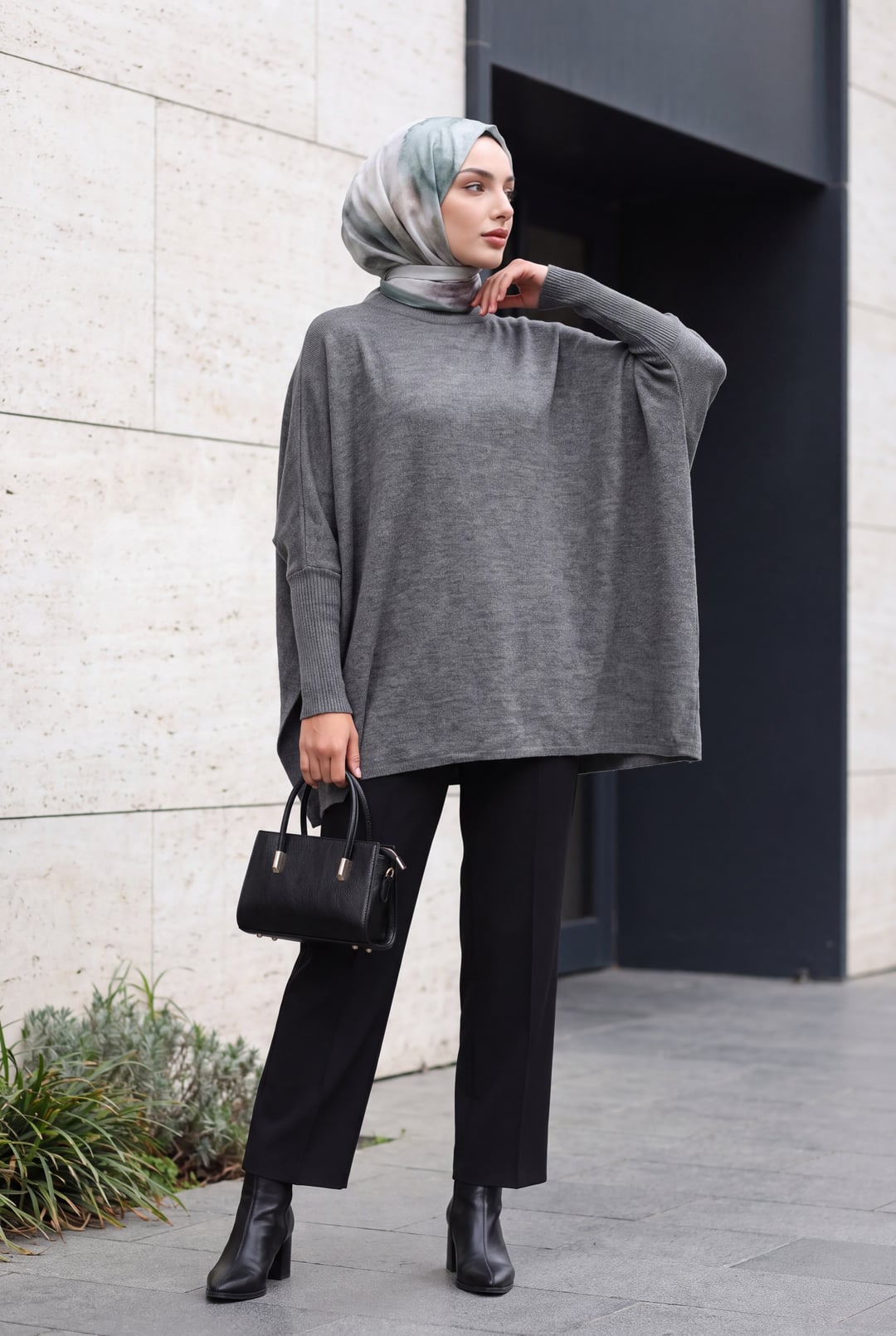 Oversize Poncho Knit Sweater with Side Slits - Light Grey - Bigdart - by Peralane
